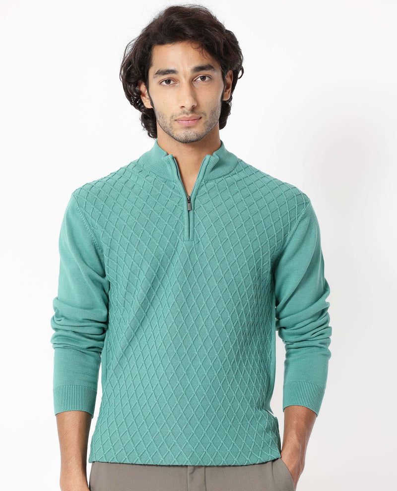 RARE RABBIT MENS TROYO PASTEL GREEN SWEATER COTTON FABRIC HIGH NECK KNITTED FULL SLEEVES ZIPPER CLOSURE REGULAR FIT
