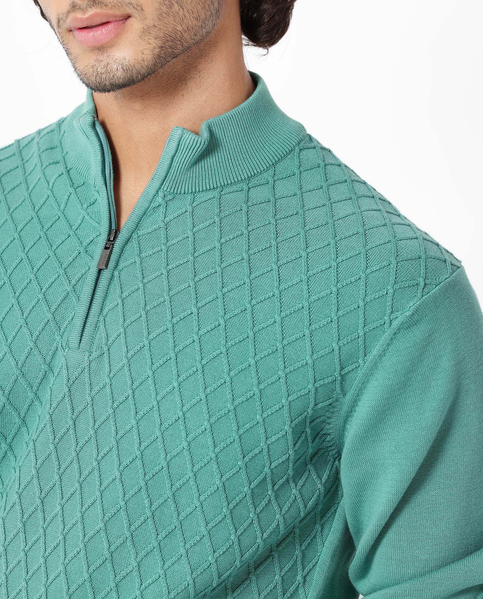 Rare Rabbit Mens Troyo Pastel Green Sweater Cotton Fabric High Neck Knitted Full Sleeves Zipper Closure Regular Fit
