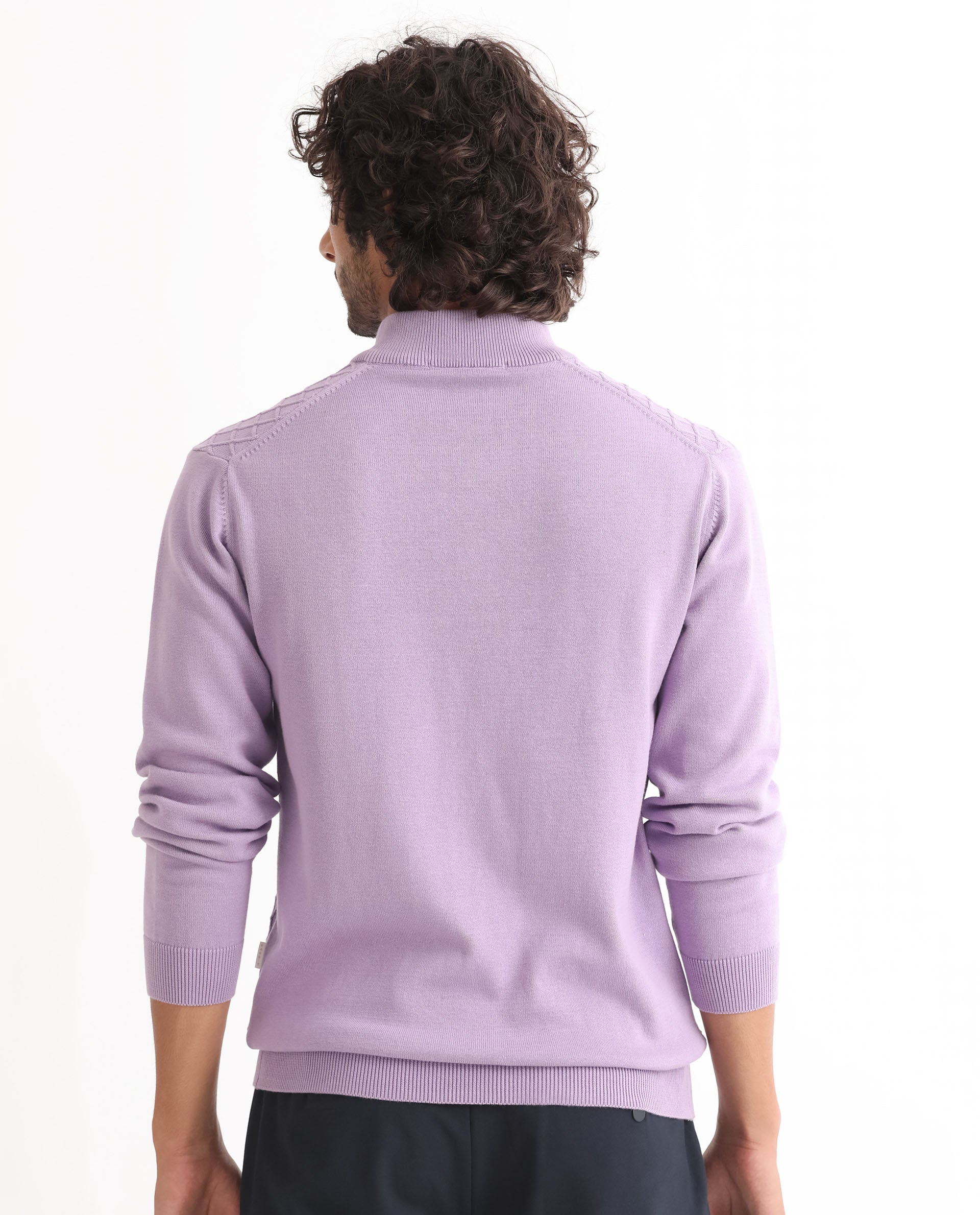 Rare Rabbit Mens Troyo Pastel Purple Sweater Cotton Fabric High Neck Knitted Full Sleeves Zipper Closure Regular Fit