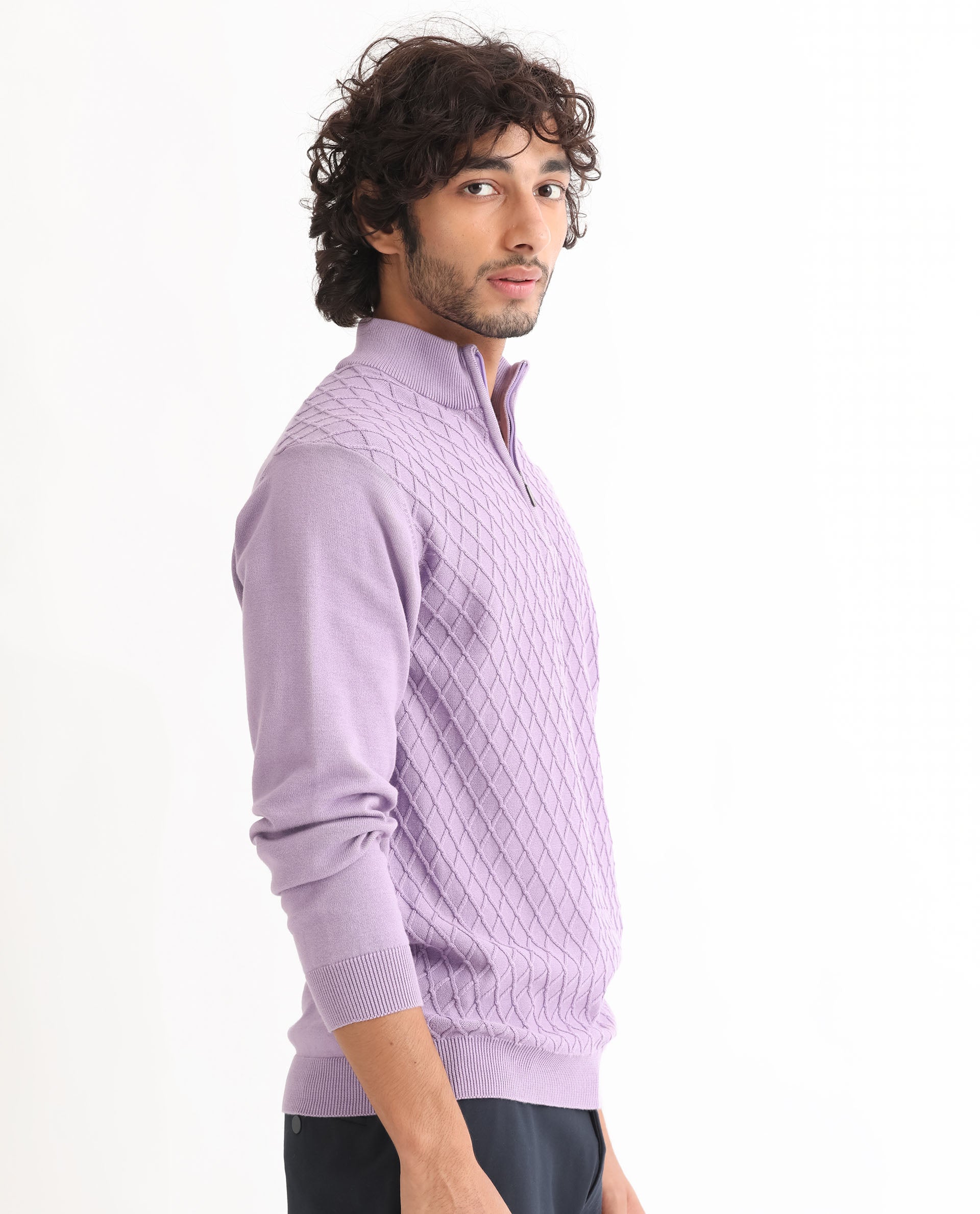 Rare Rabbit Mens Troyo Pastel Purple Sweater Cotton Fabric High Neck Knitted Full Sleeves Zipper Closure Regular Fit