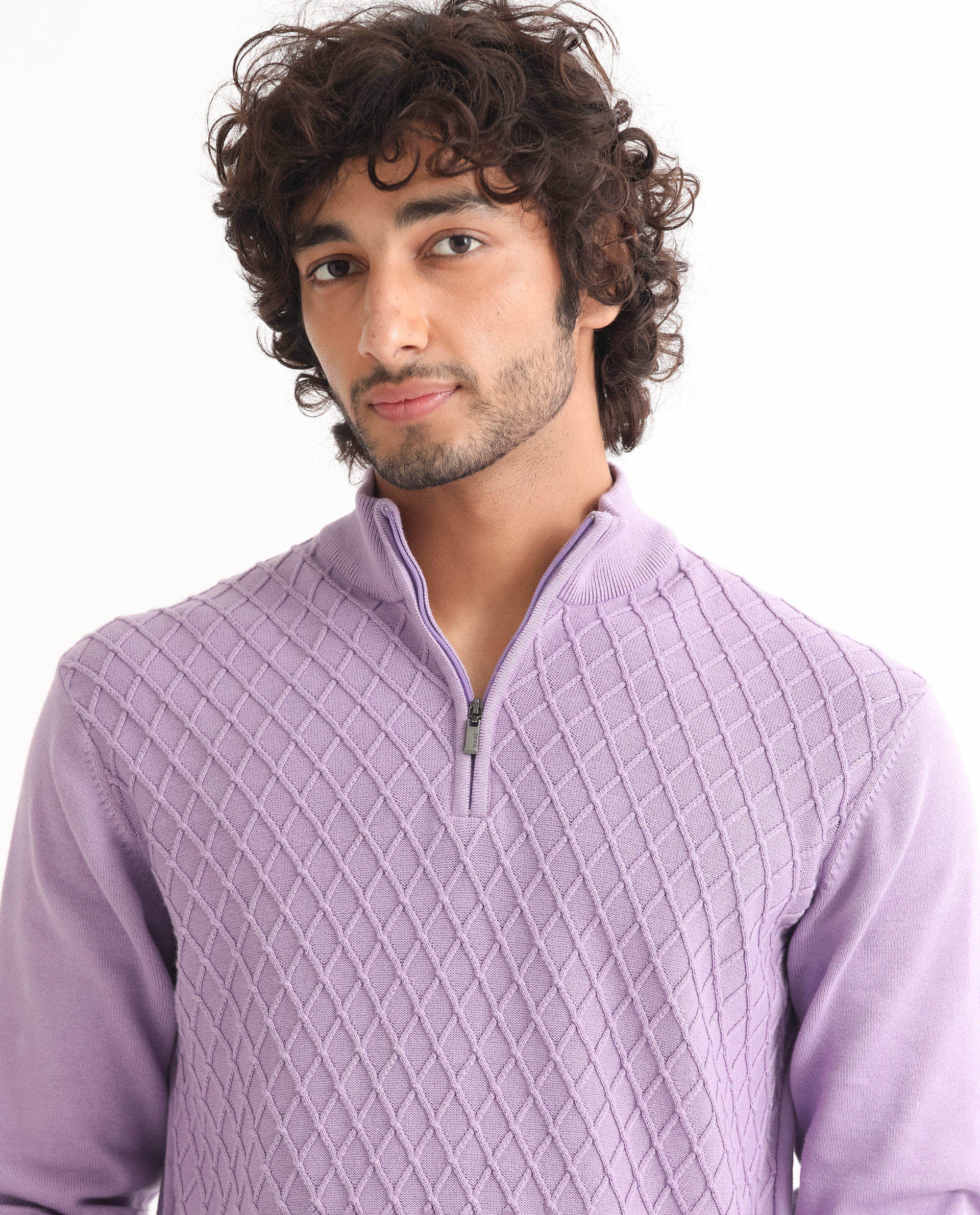 Rare Rabbit Mens Troyo Pastel Purple Sweater Cotton Fabric High Neck Knitted Full Sleeves Zipper Closure Regular Fit