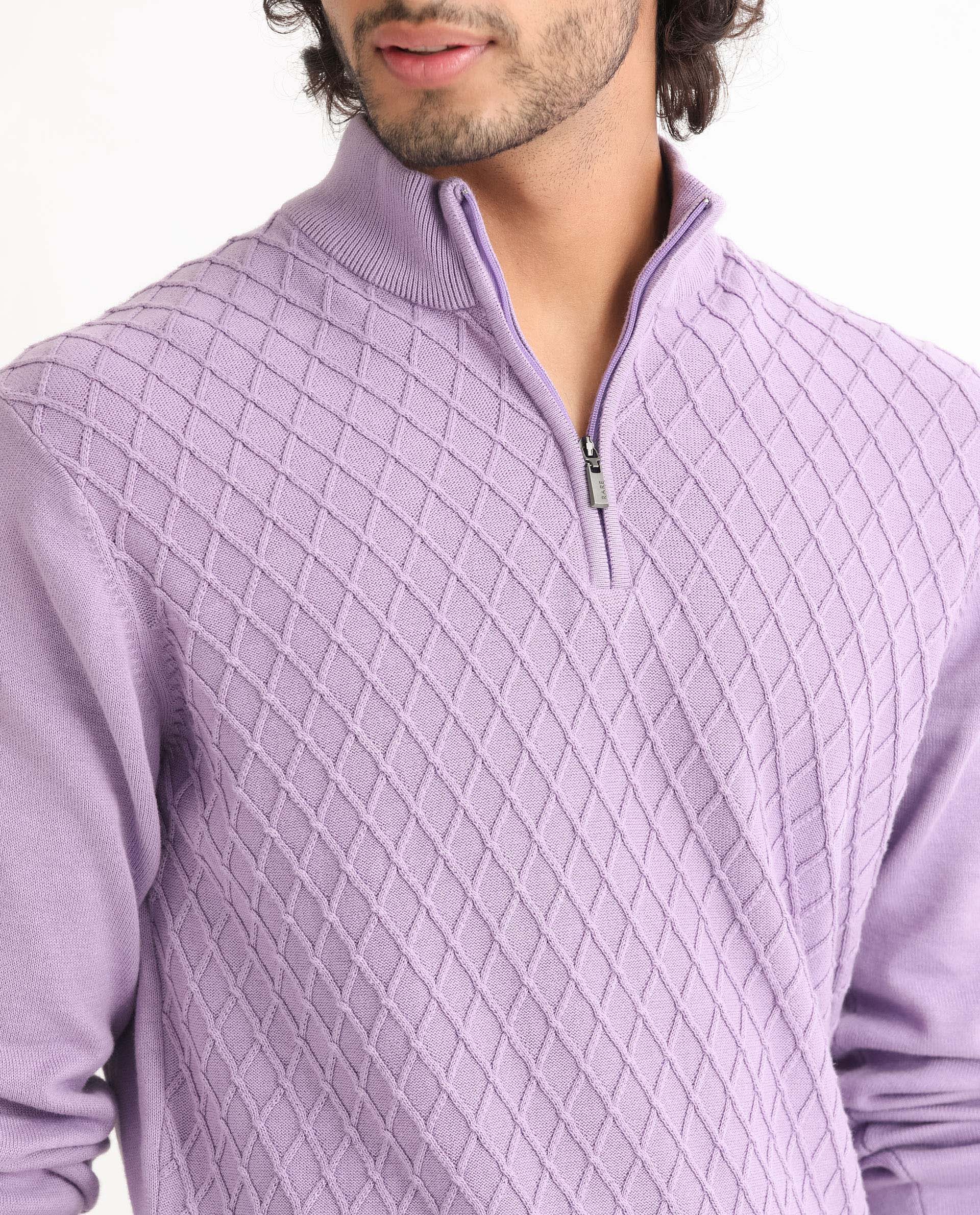 Rare Rabbit Mens Troyo Pastel Purple Sweater Cotton Fabric High Neck Knitted Full Sleeves Zipper Closure Regular Fit