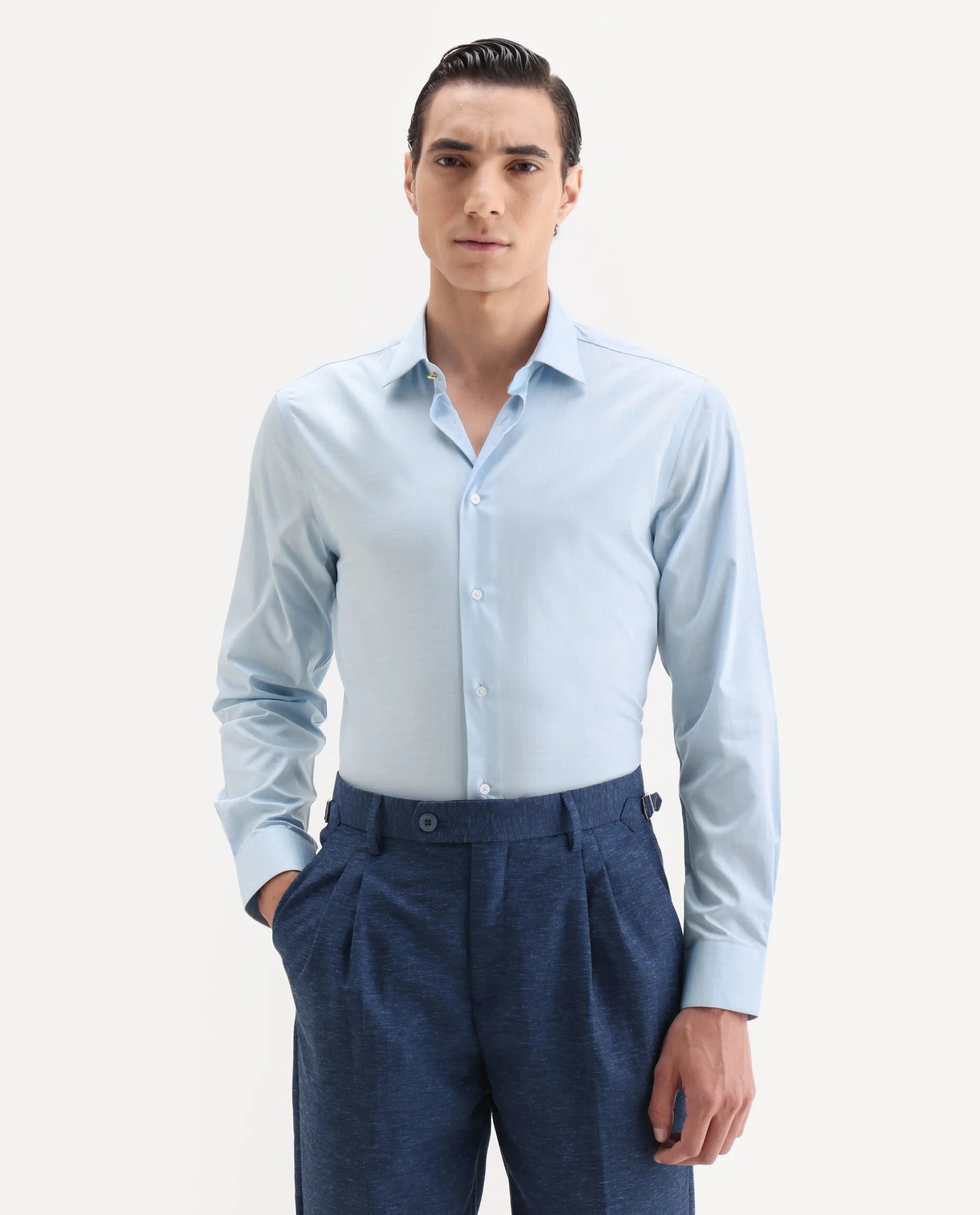 Rare Rabbit Men's Truc Blue Cotton Fabric Full Sleeve Regular Fit Plain Shirt