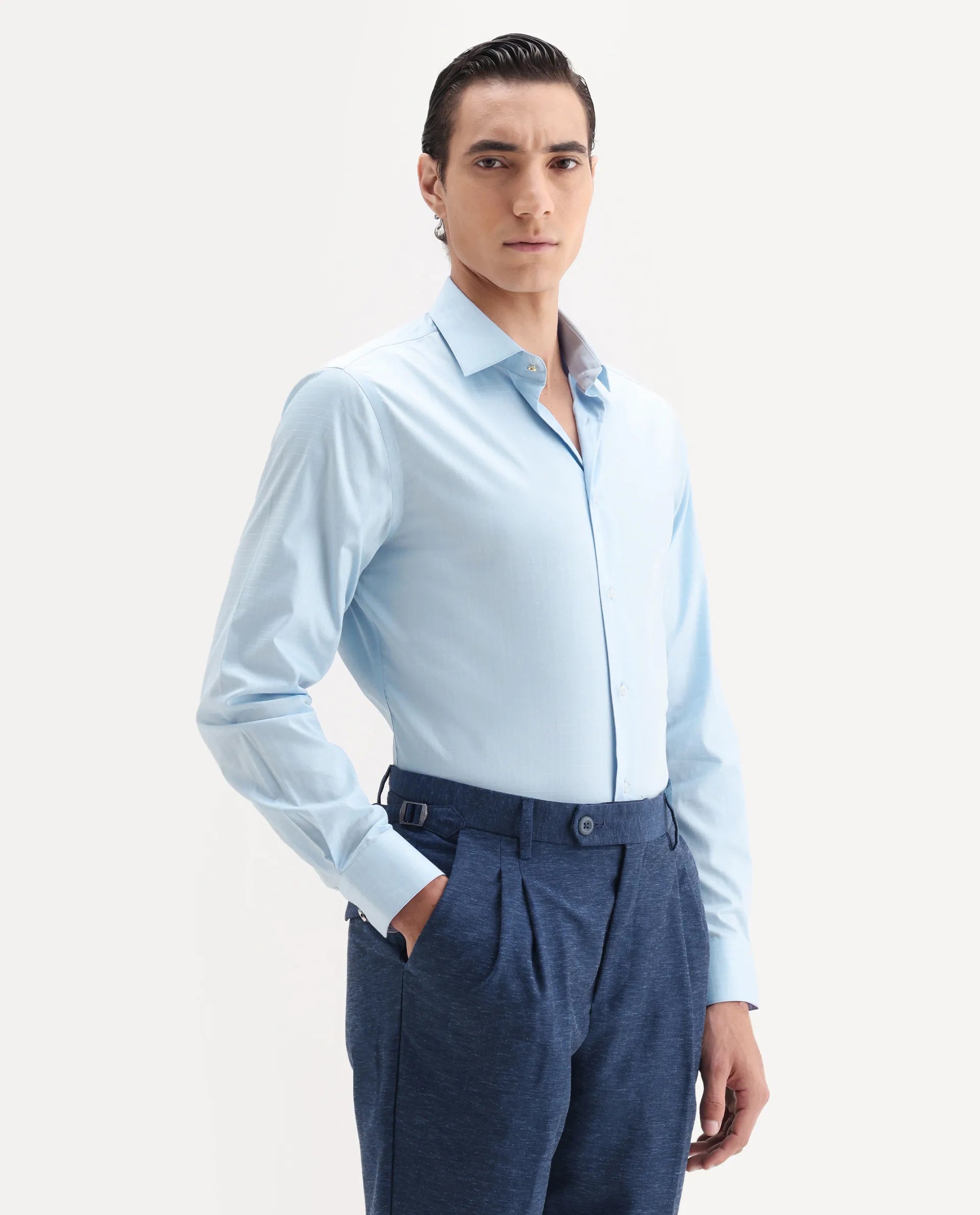 Rare Rabbit Men's Truc Blue Cotton Fabric Full Sleeve Regular Fit Plain Shirt
