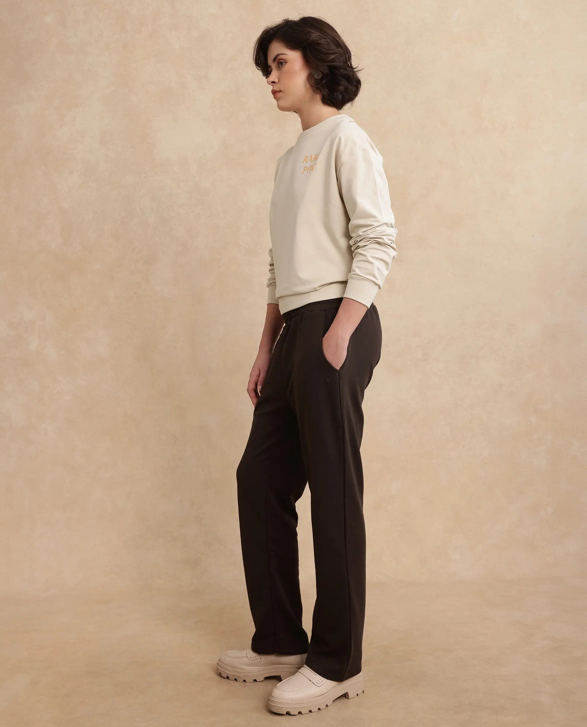 Rareism Women Trunky Brown Cotton Blend Fabric Straight Fit Ankle Length Plain Track Pant