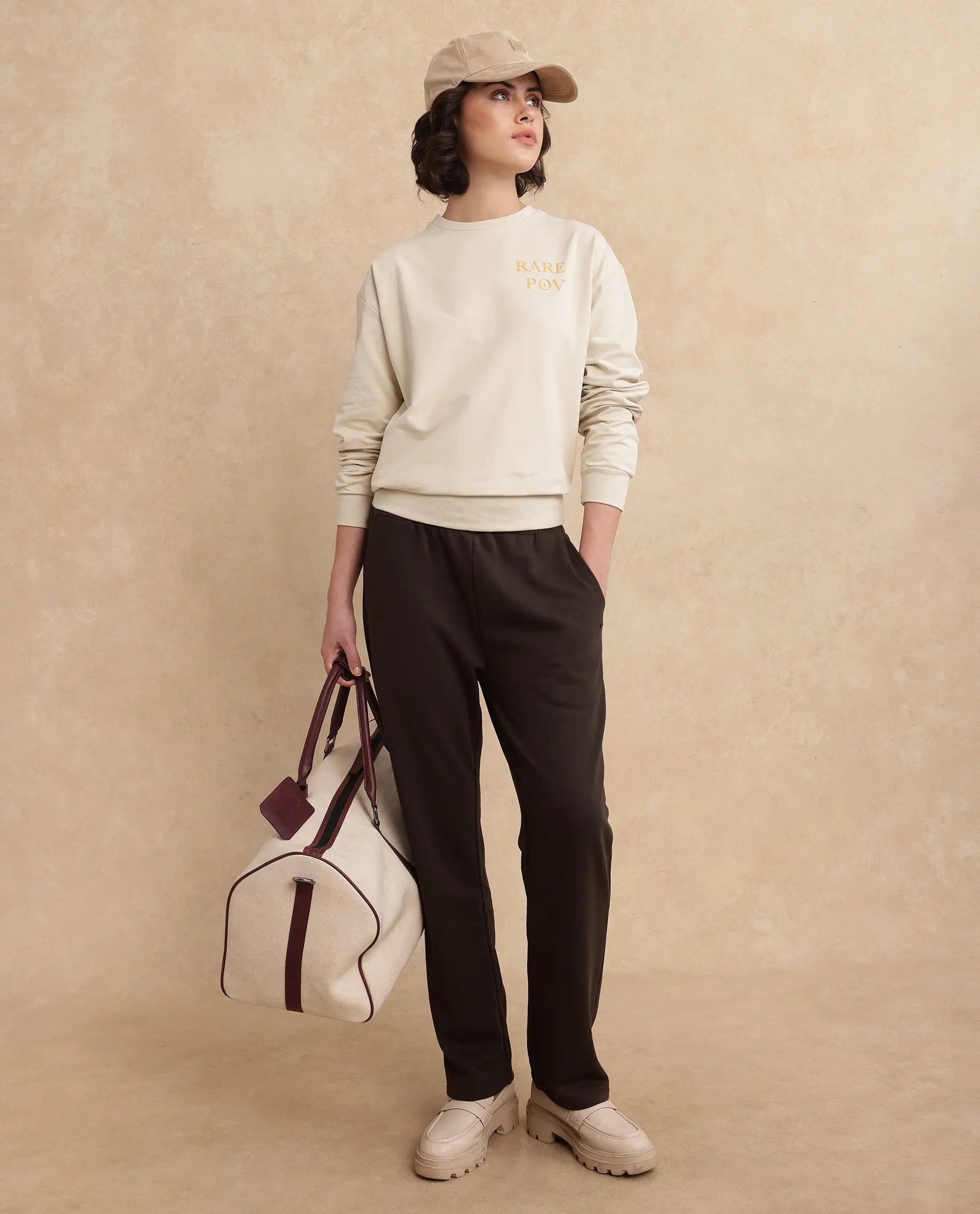 Rareism Women Trunky Brown Cotton Blend Fabric Straight Fit Ankle Length Plain Track Pant