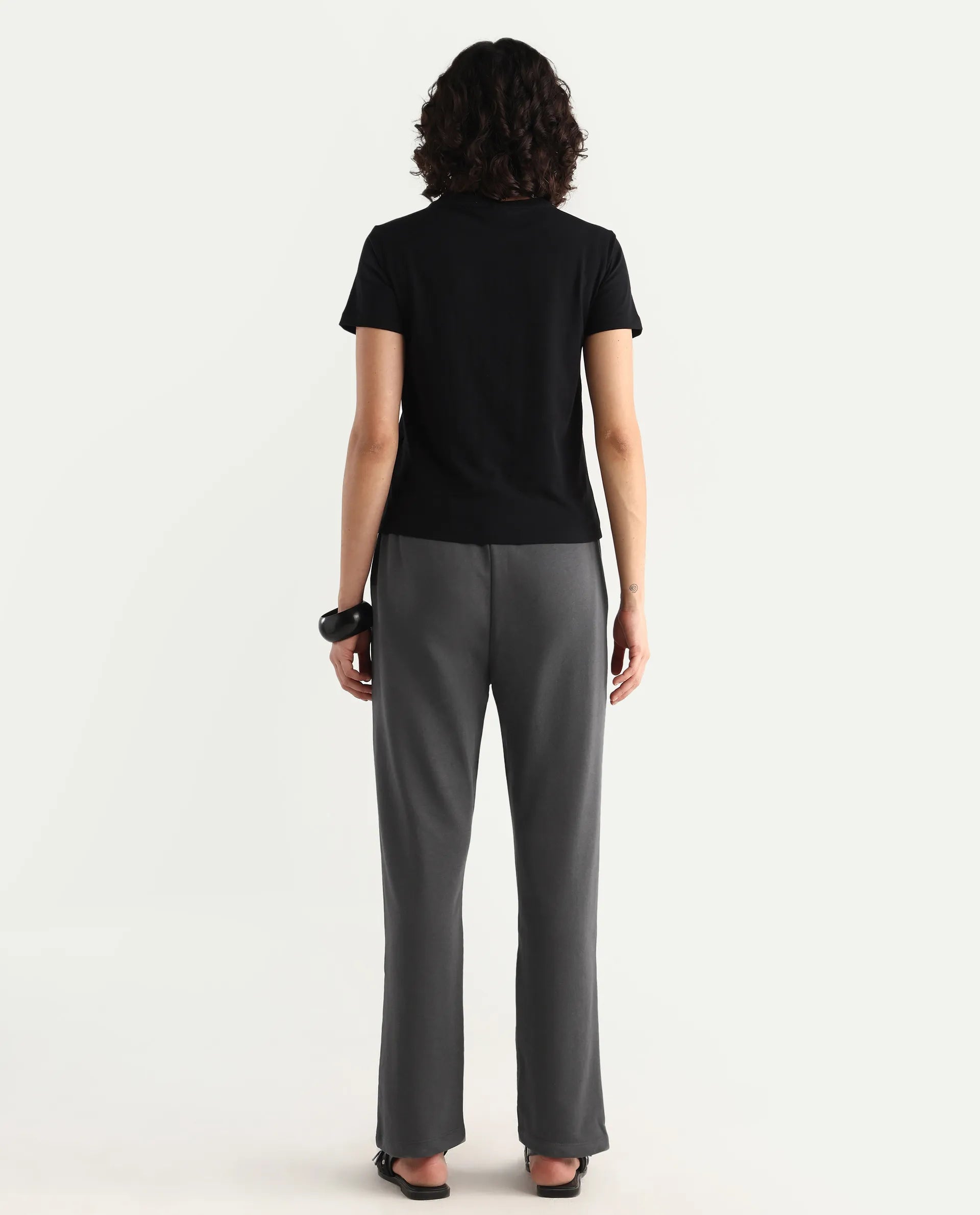 Rareism Women's Trunky Dark Grey Cotton Blend Plain Ankle Length Straight Fit Track Pant