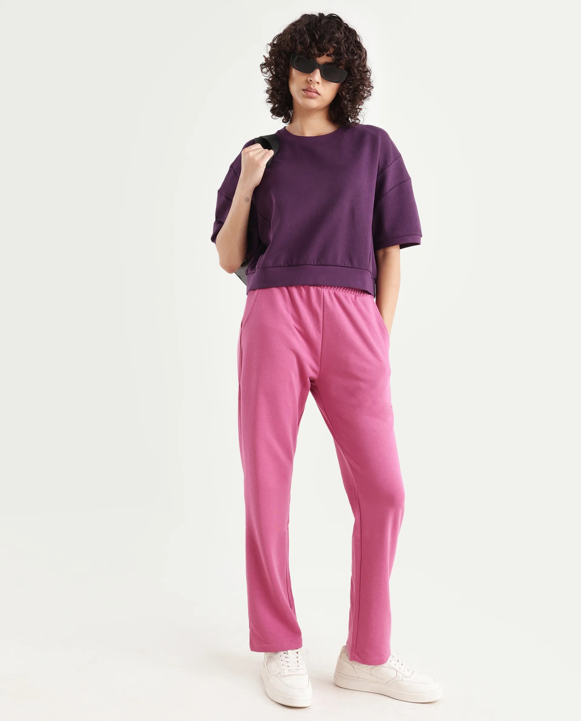 Rareism Women's Trunky Dark Pink Cotton Blend Plain Ankle Length Straight Fit Track Pant