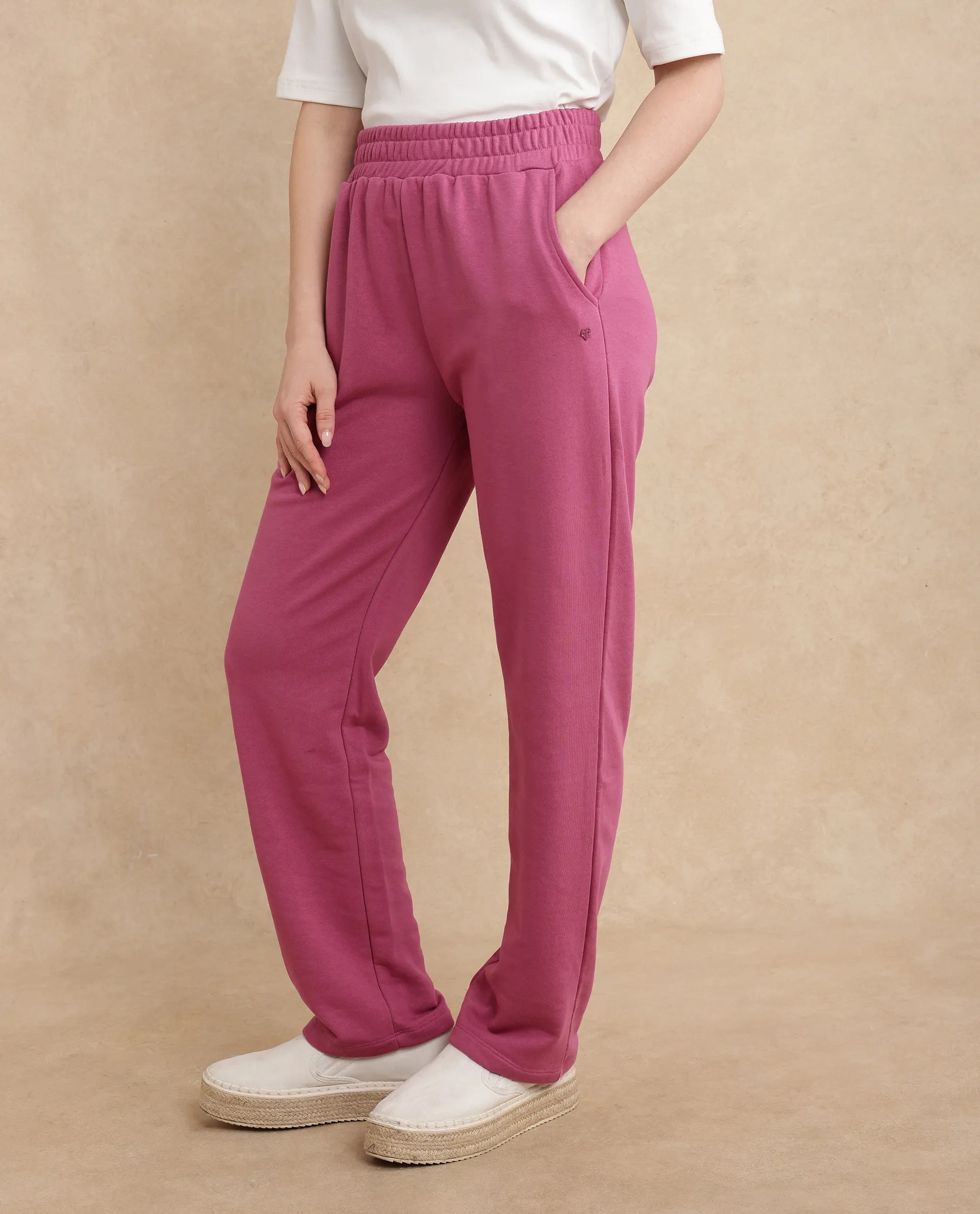 Rareism Women Trunky Dark Pink Cotton Blend Fabric Straight Fit Ankle Length Plain Track Pant