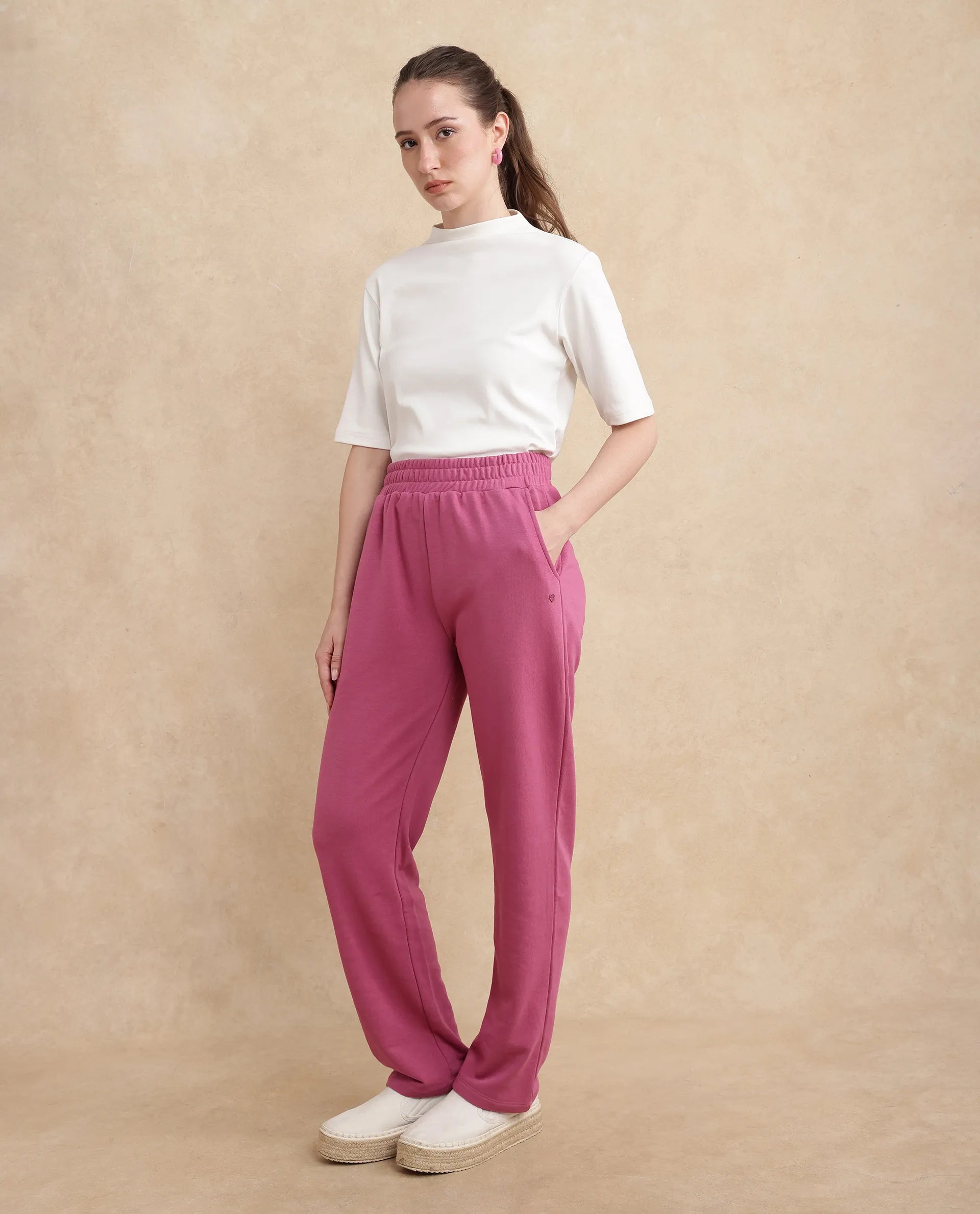 Rareism Women Trunky Dark Pink Cotton Blend Fabric Straight Fit Ankle Length Plain Track Pant