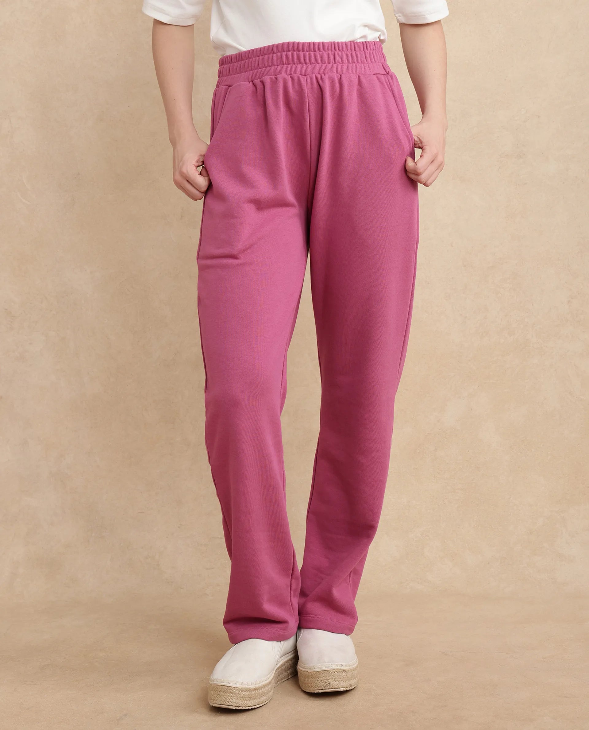 Rareism Women Trunky Dark Pink Cotton Blend Fabric Straight Fit Ankle Length Plain Track Pant