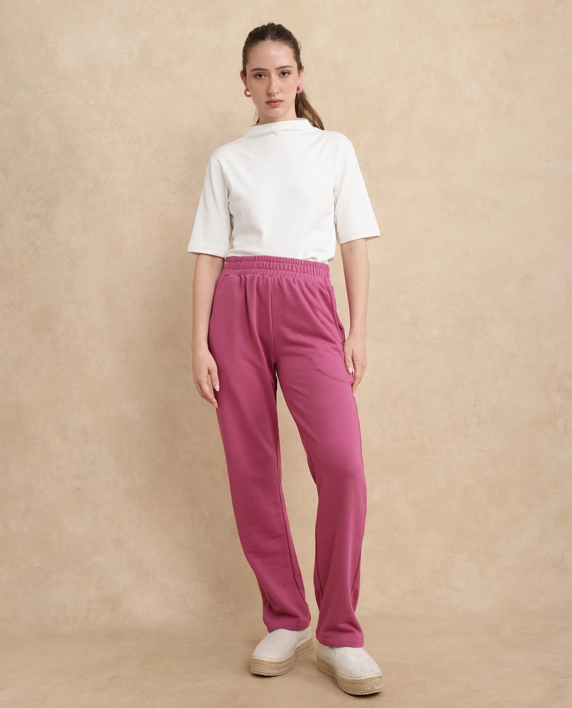 Rareism Women Trunky Dark Pink Cotton Blend Fabric Straight Fit Ankle Length Plain Track Pant