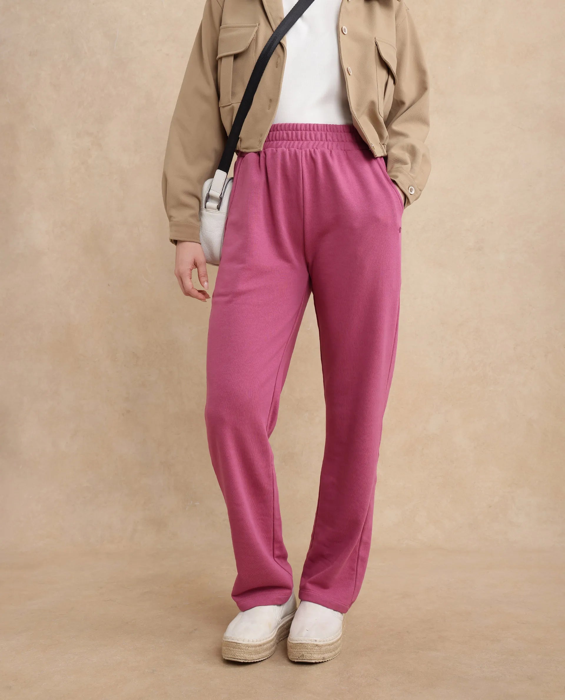 Rareism Women Trunky Dark Pink Cotton Blend Fabric Straight Fit Ankle Length Plain Track Pant
