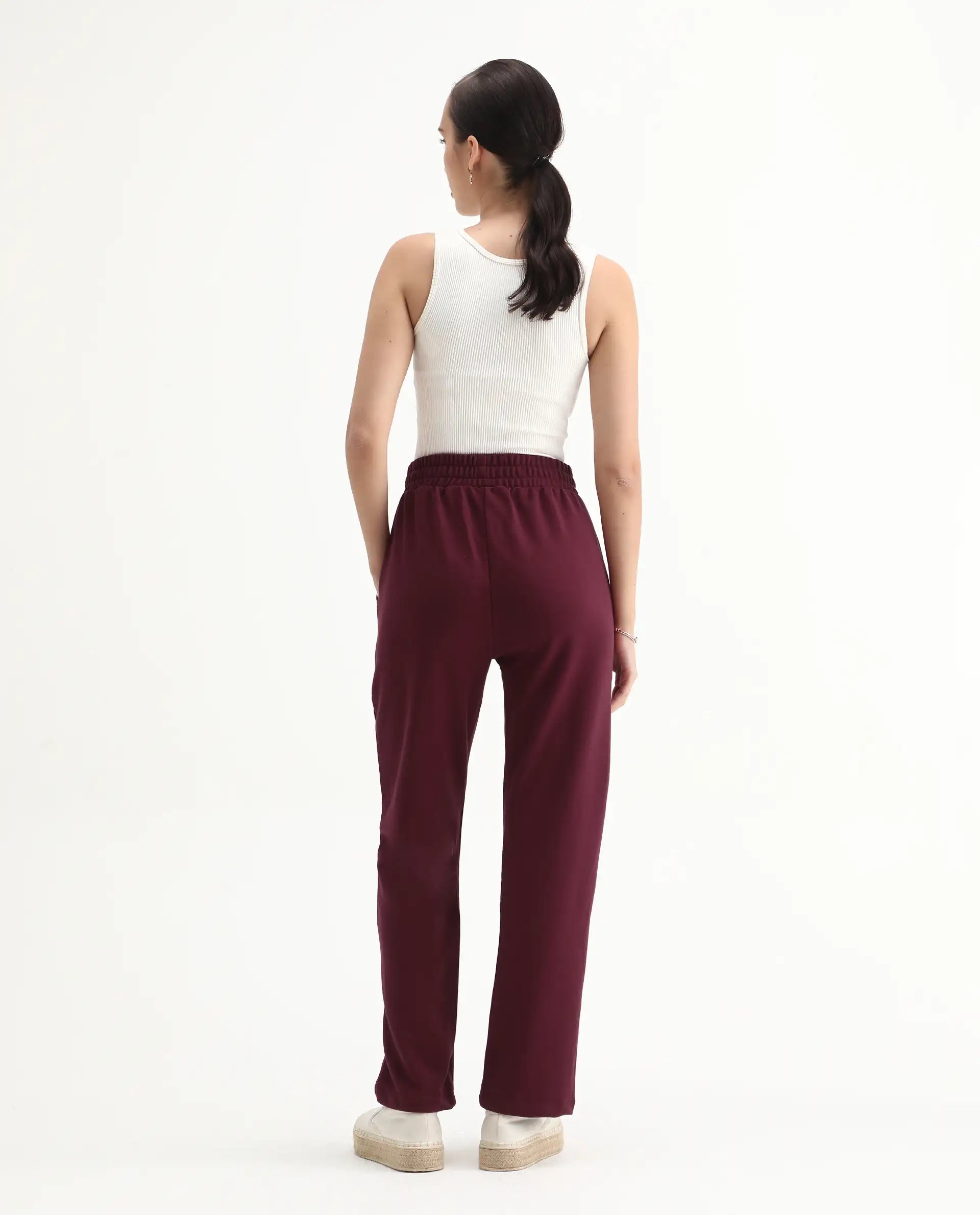 Rareism Women's Trunky Maroon Cotton Blend Plain Ankle Length Straight Fit Track Pant