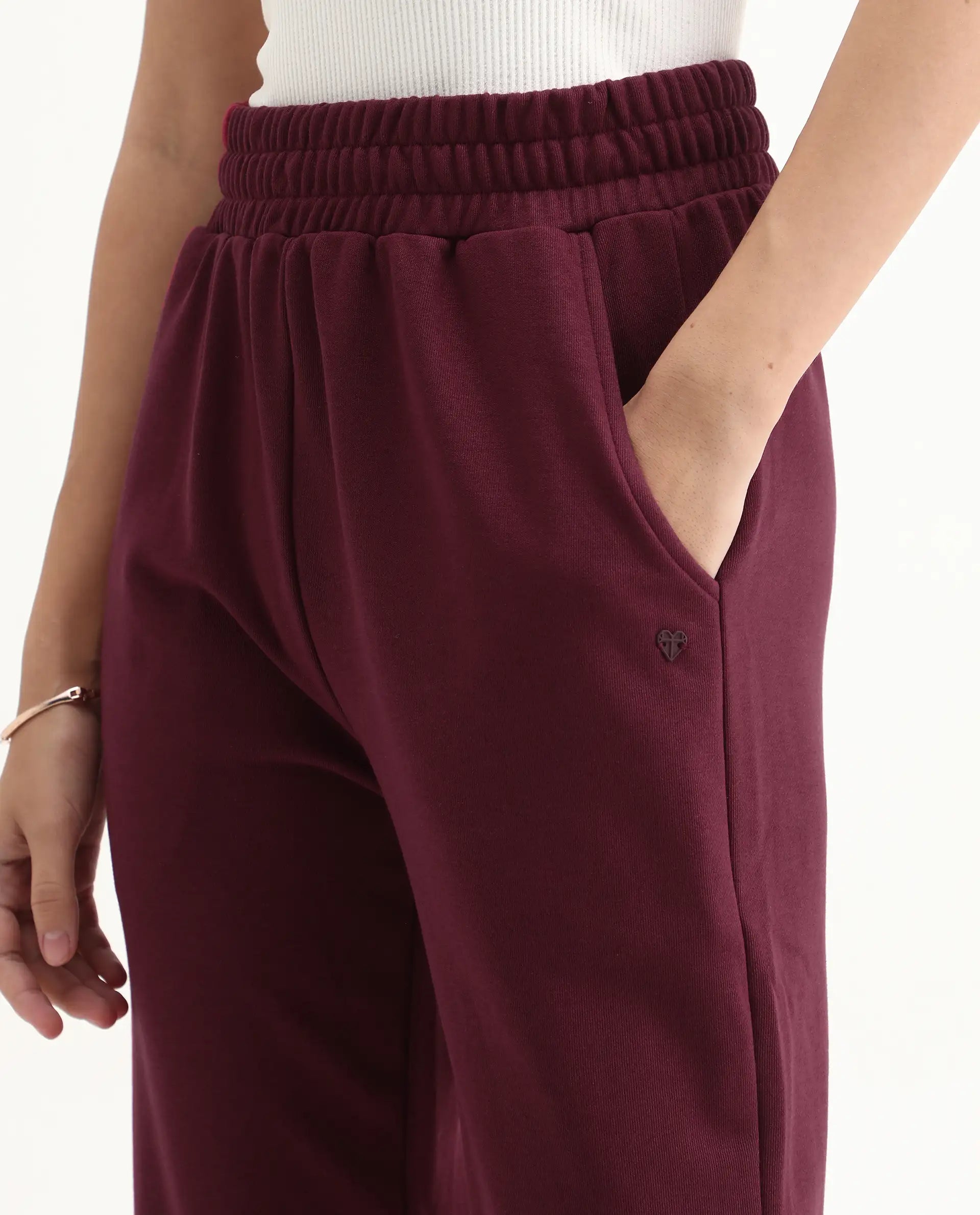 Rareism Women's Trunky Maroon Cotton Blend Plain Ankle Length Straight Fit Track Pant
