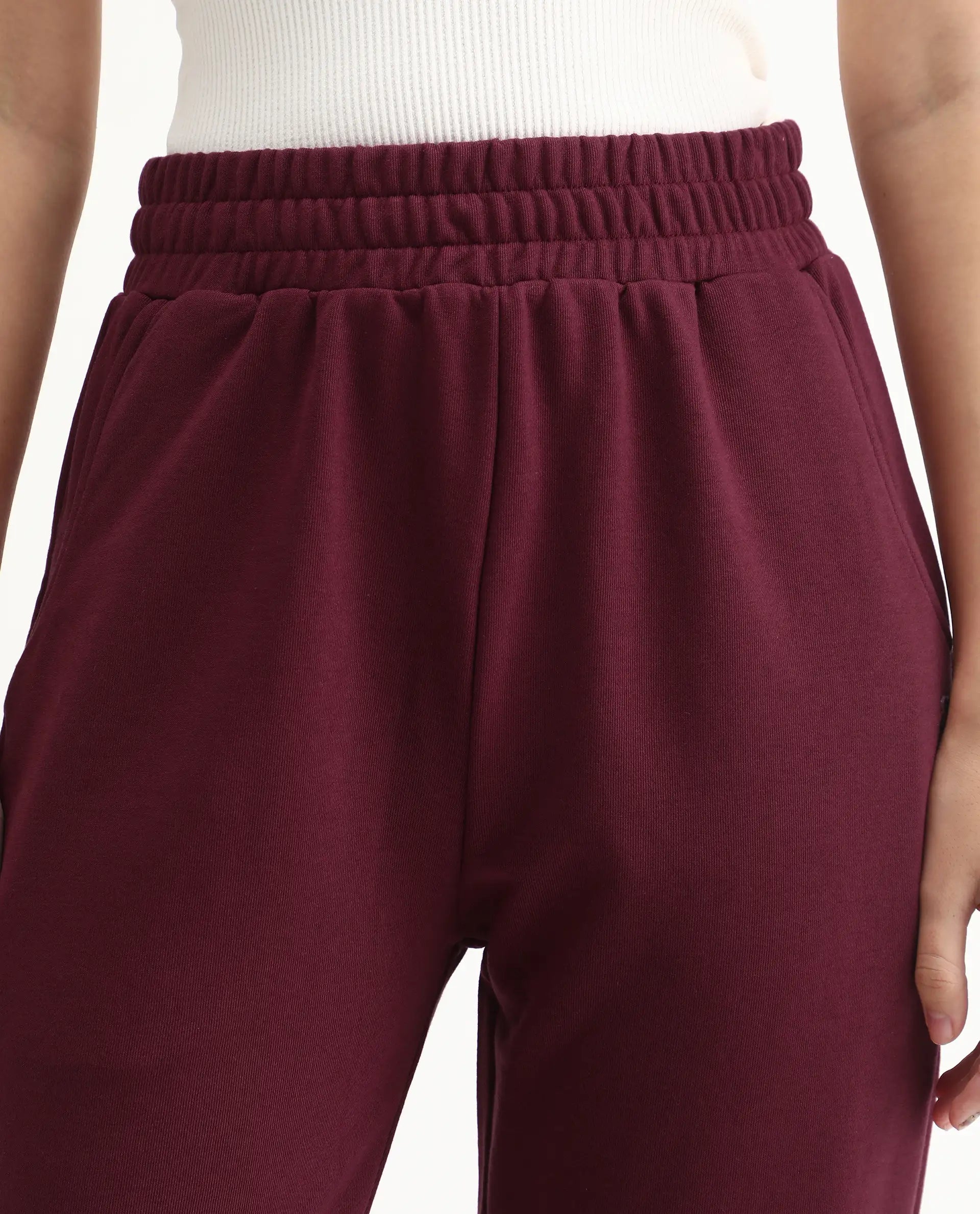 Rareism Women's Trunky Maroon Cotton Blend Plain Ankle Length Straight Fit Track Pant