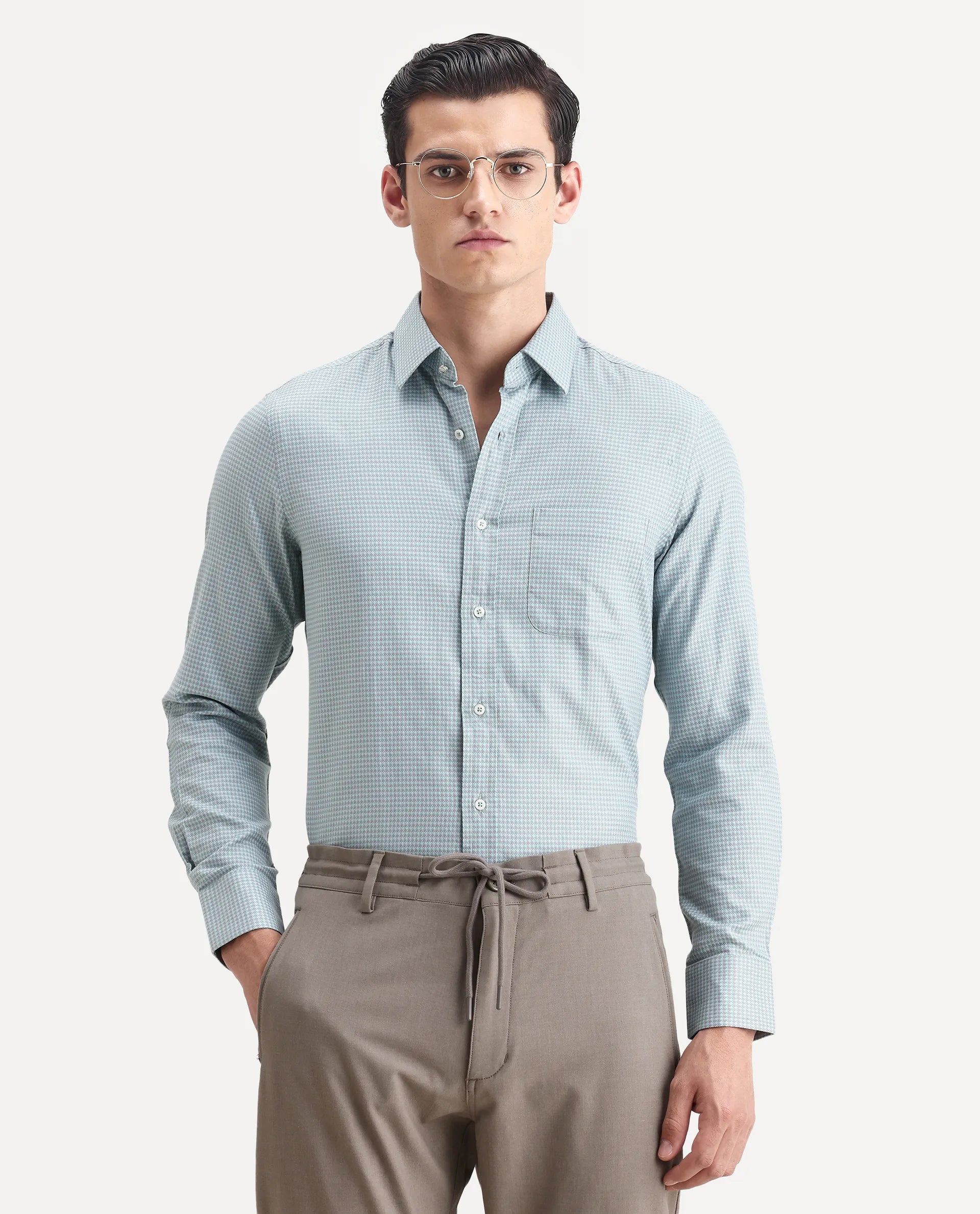 Rare Rabbit Men's Tucky Light Blue Cotton Checked Print Regular Fit Full Sleeve Collared Shirt