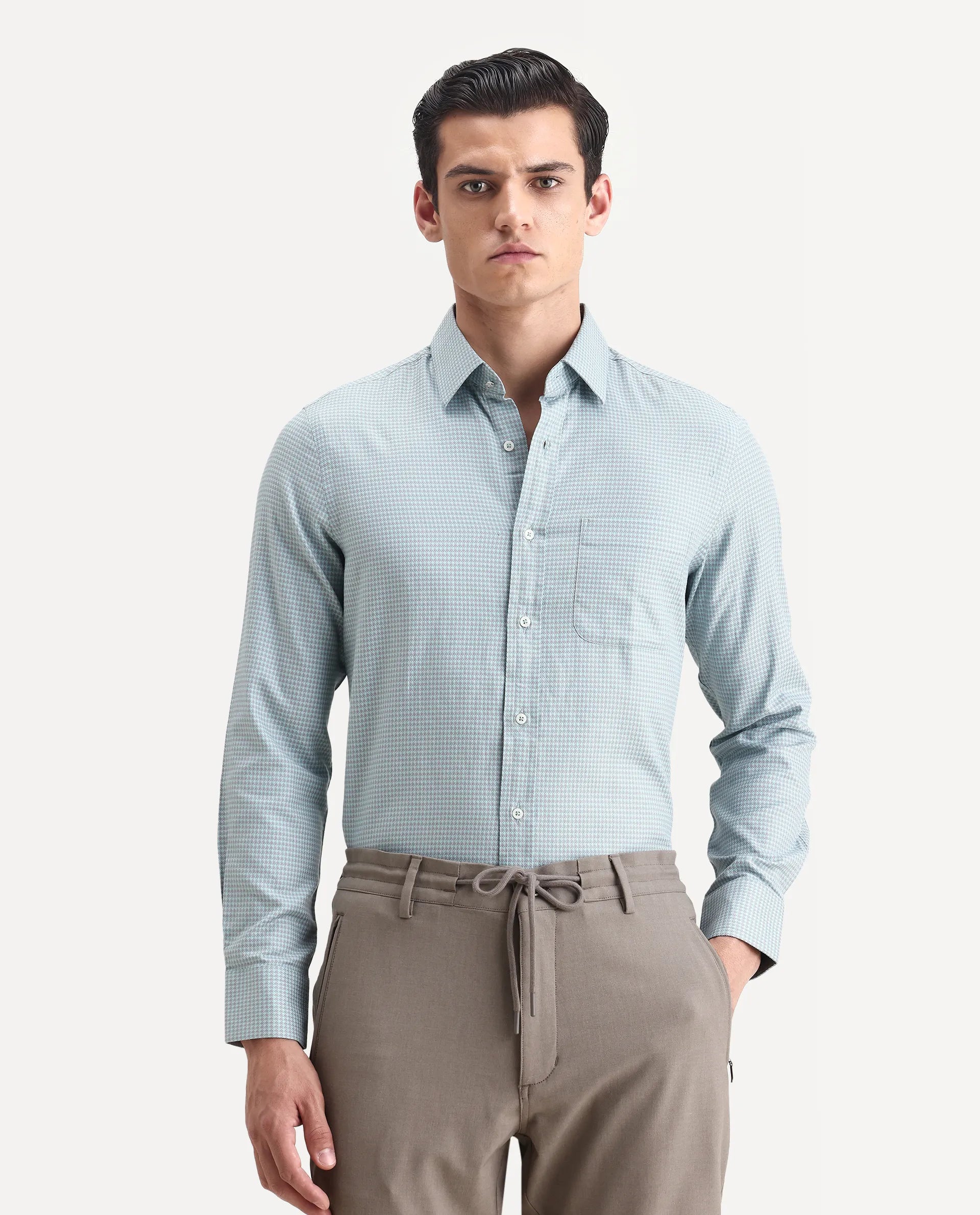 Rare Rabbit Men's Tucky Light Blue Cotton Checked Print Regular Fit Full Sleeve Collared Shirt