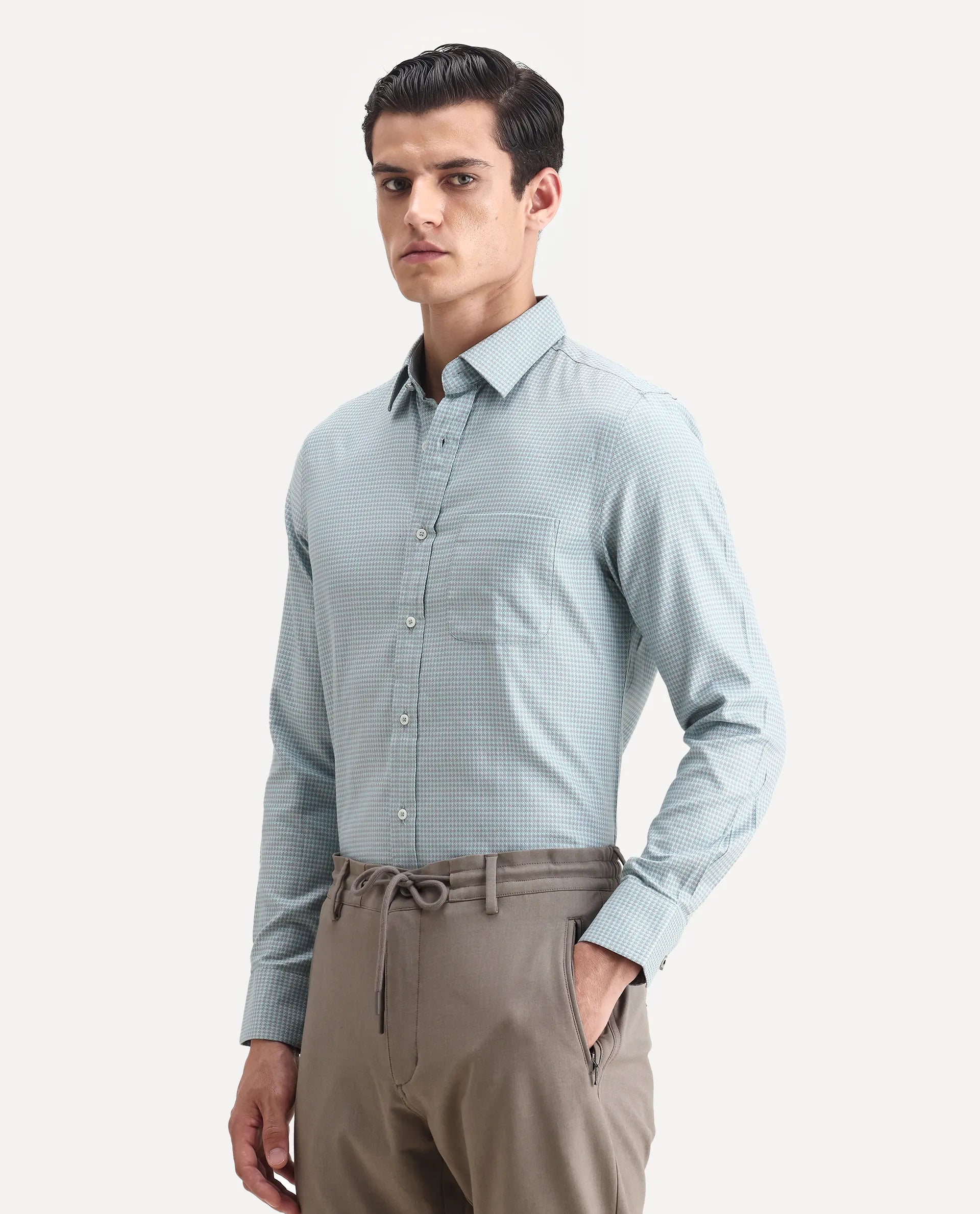 Rare Rabbit Men's Tucky Light Blue Cotton Checked Print Regular Fit Full Sleeve Collared Shirt