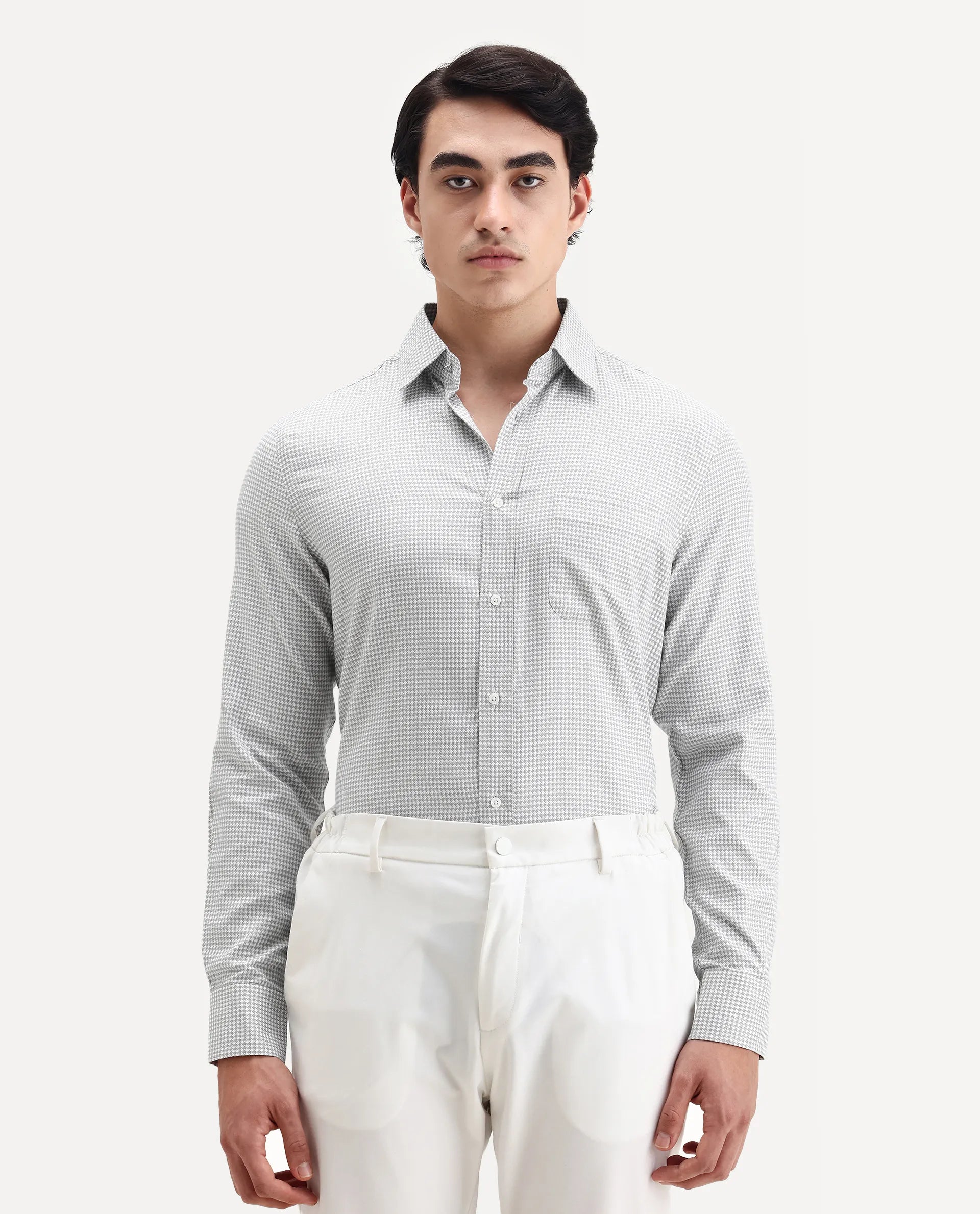 Rare Rabbit Men's Tucky Grey Cotton Blend Striped Print Regular Fit Full Sleeve Collared Shirt