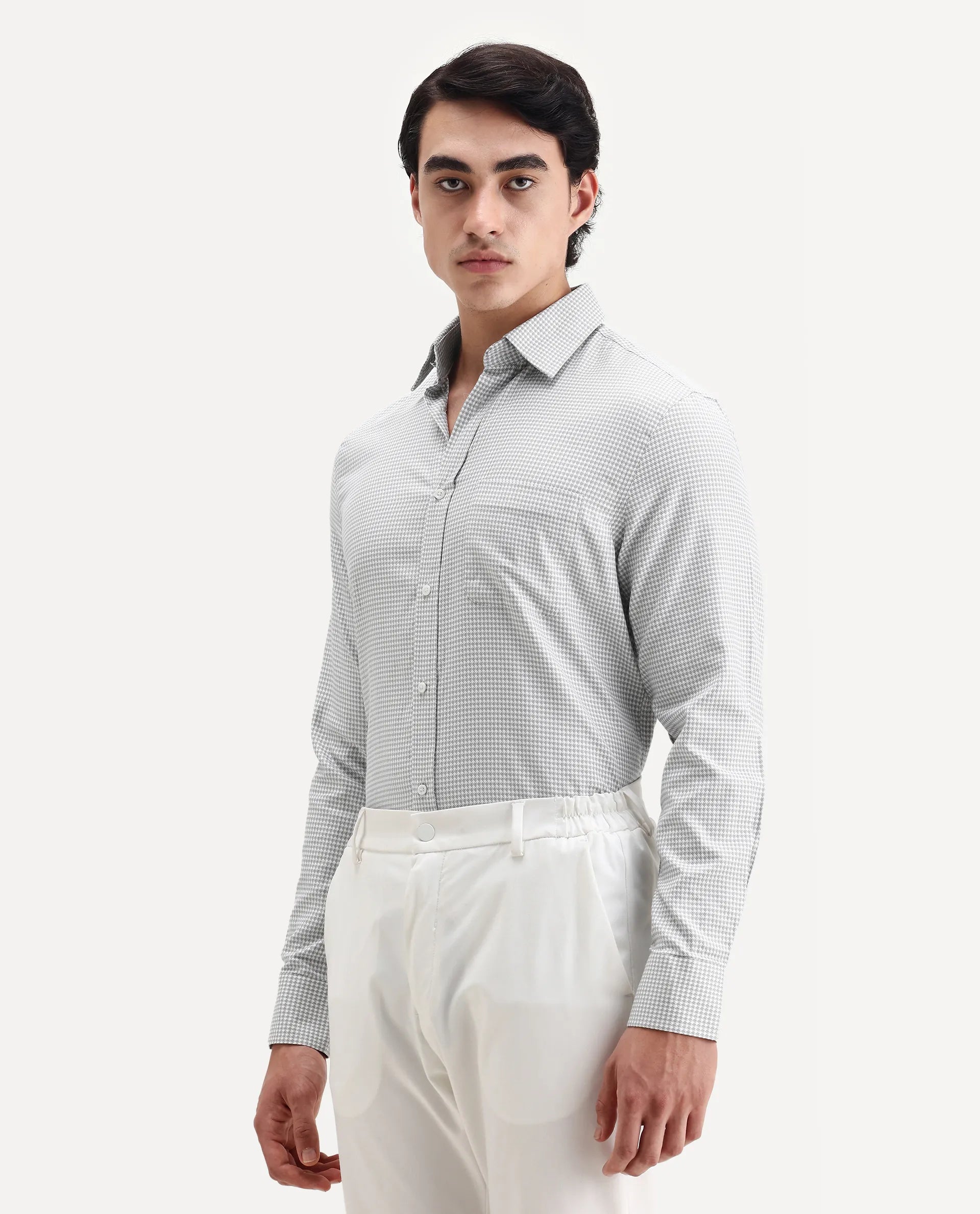 Rare Rabbit Men's Tucky Grey Cotton Blend Striped Print Regular Fit Full Sleeve Collared Shirt