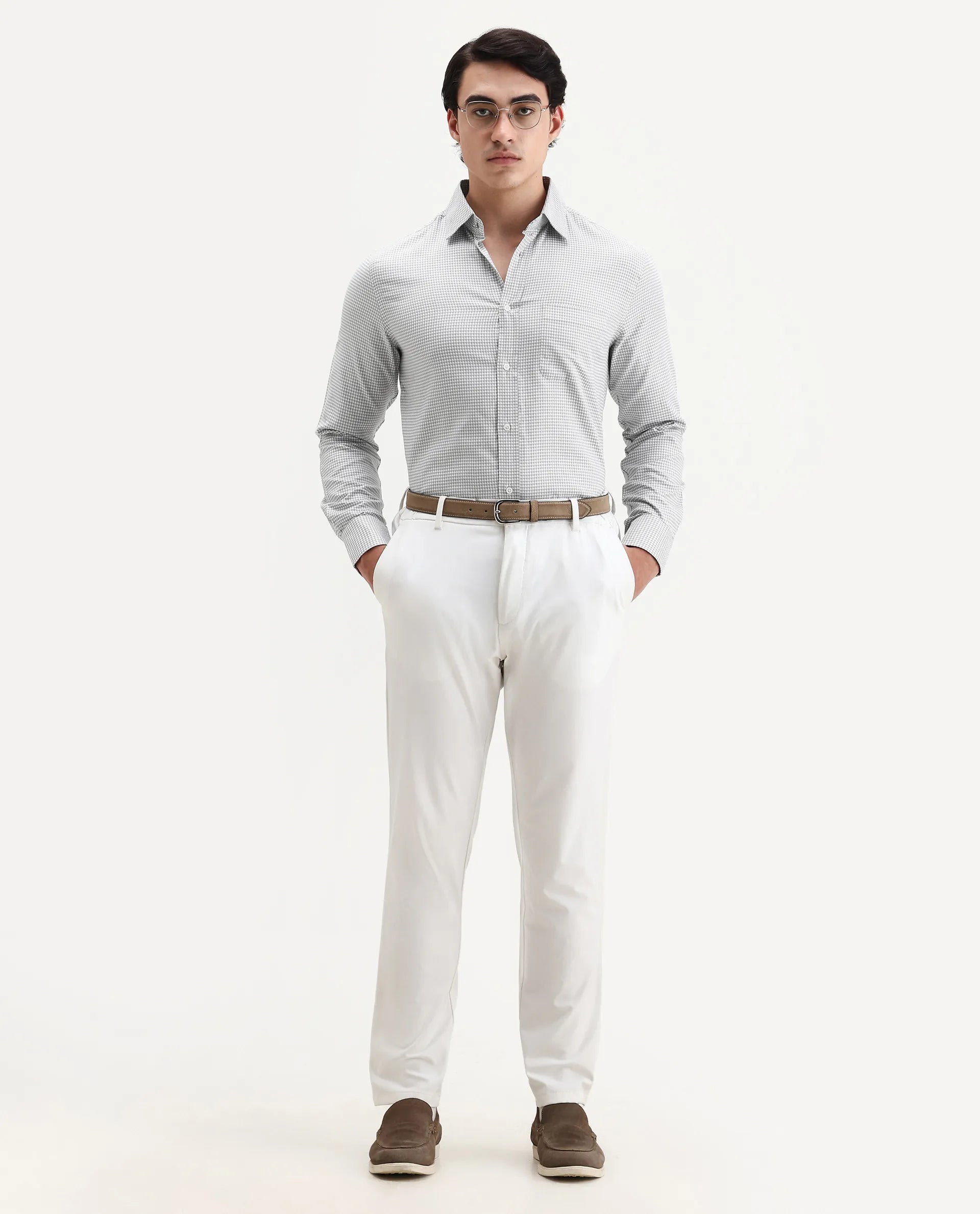 Rare Rabbit Men's Tucky Grey Cotton Blend Striped Print Regular Fit Full Sleeve Collared Shirt