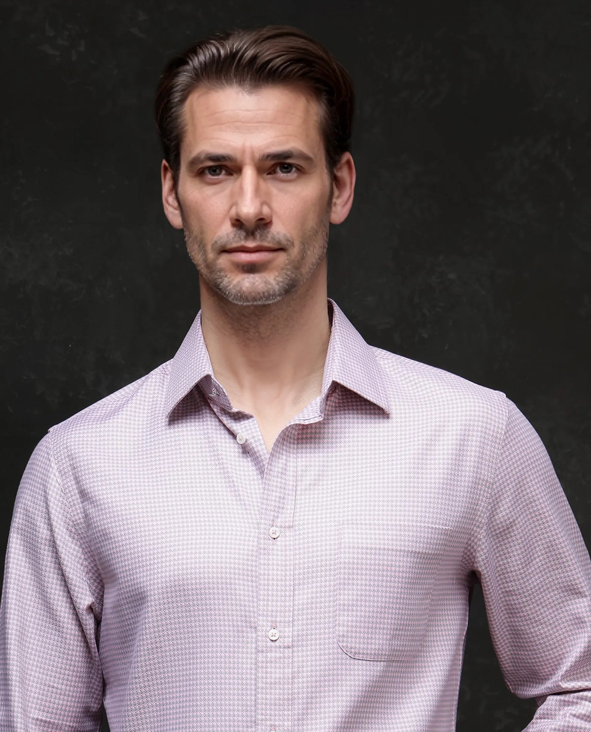 Rare Rabbit Men Tucky Light Pink Cotton Blend Fabric Full Sleeve Regular Fit Houndstooth Print Cufflinked Premium Business Shirt