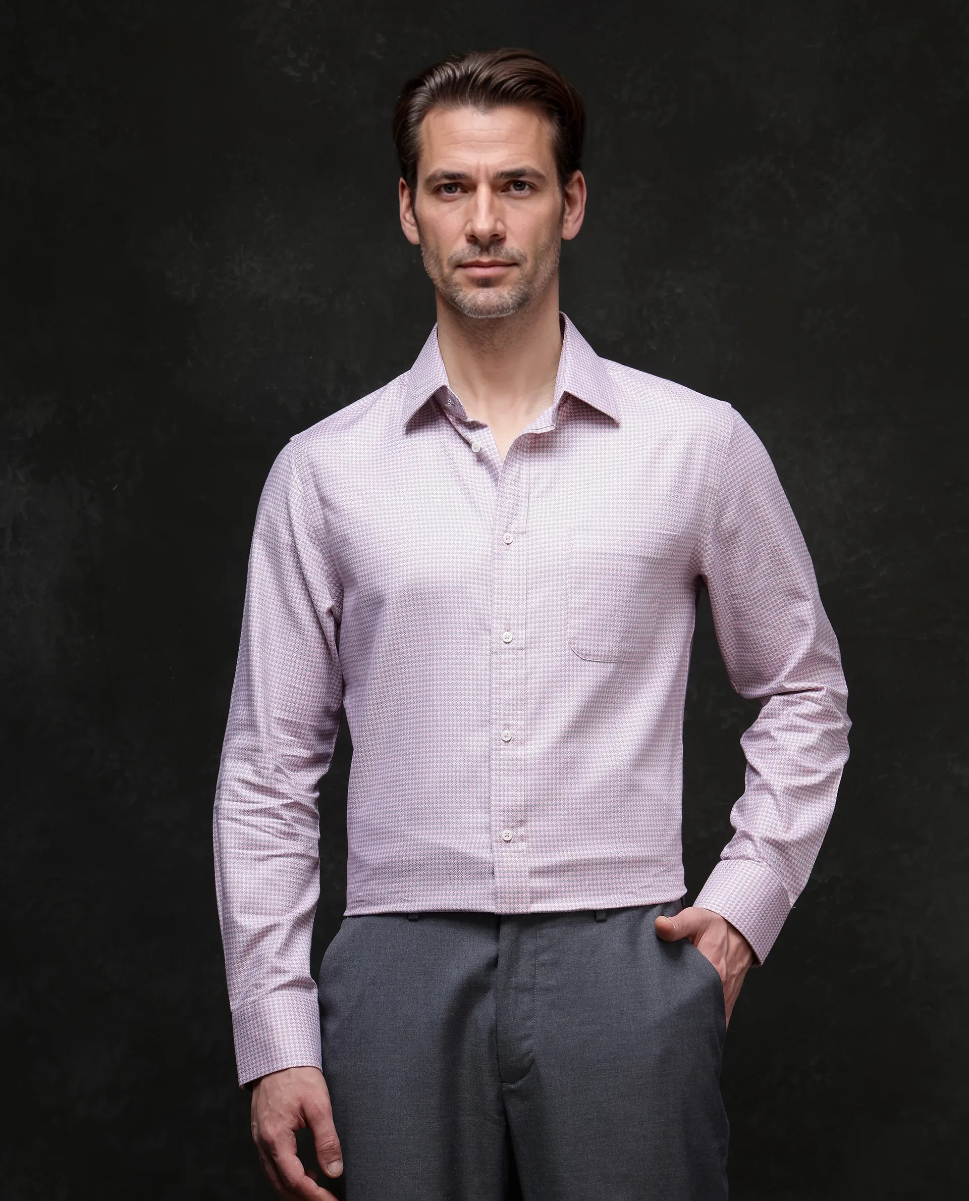 Rare Rabbit Men Tucky Light Pink Cotton Blend Fabric Full Sleeve Regular Fit Houndstooth Print Cufflinked Premium Business Shirt