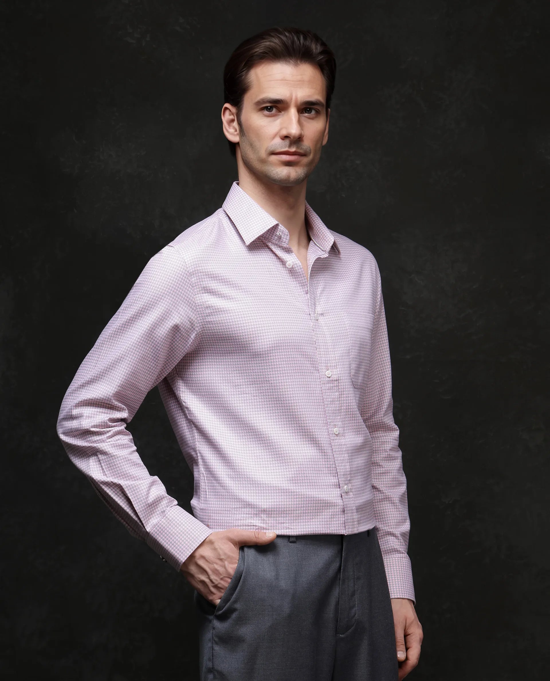 Rare Rabbit Men Tucky Light Pink Cotton Blend Fabric Full Sleeve Regular Fit Houndstooth Print Cufflinked Premium Business Shirt