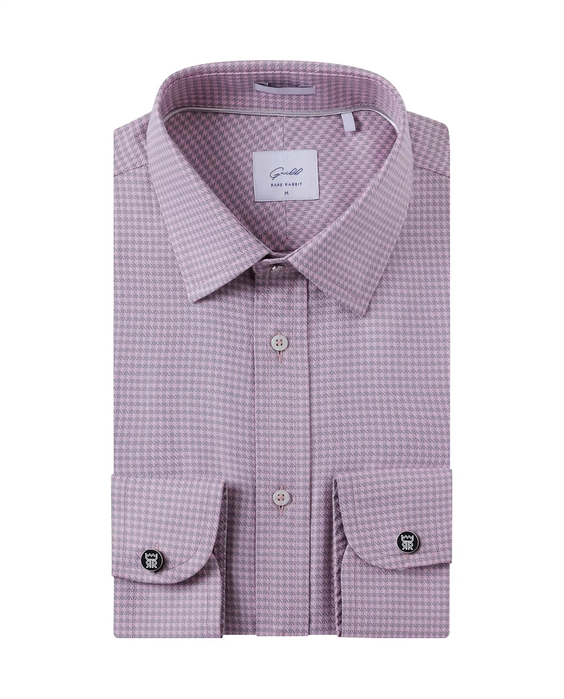 Rare Rabbit Men Tucky Light Pink Cotton Blend Fabric Full Sleeve Regular Fit Houndstooth Print Cufflinked Premium Business Shirt