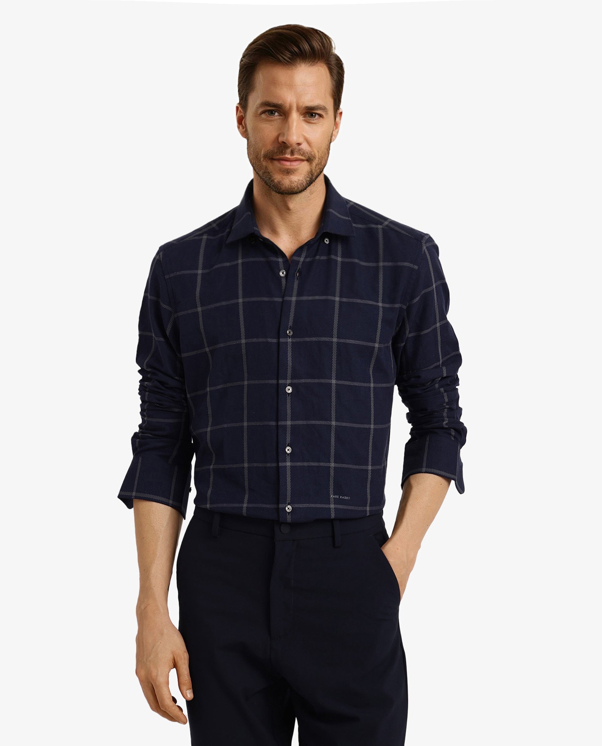 Rare Rabbit Men Tuffah Dark Navy Cotton Fabric Full Sleeve Regular Fit Twill Checks Shirt