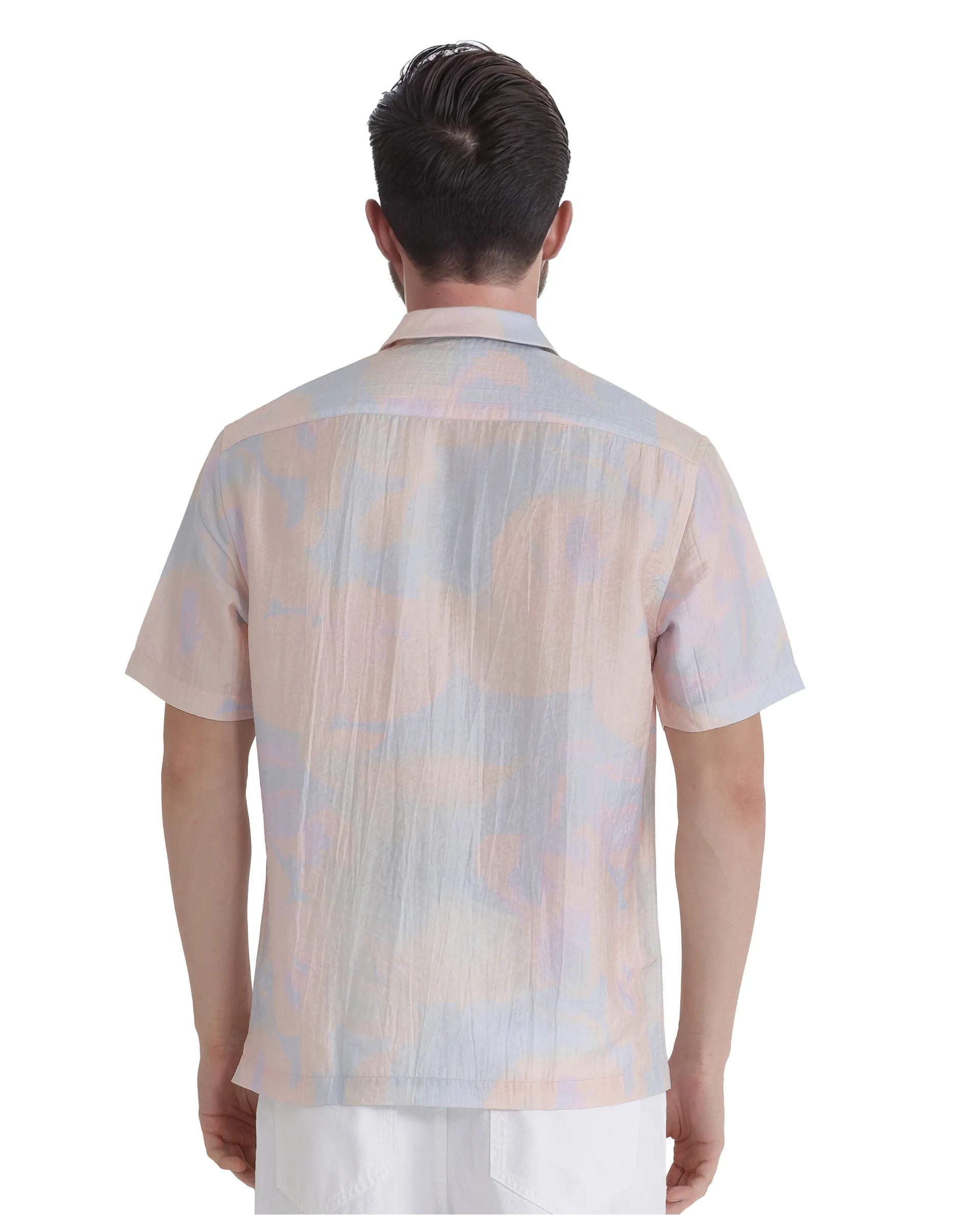 Rare Rabbit Men Tugi Blue Nylon Tencel Fabric Short Sleeve Cuban Collared Boxy Fit Digital Print Shirt