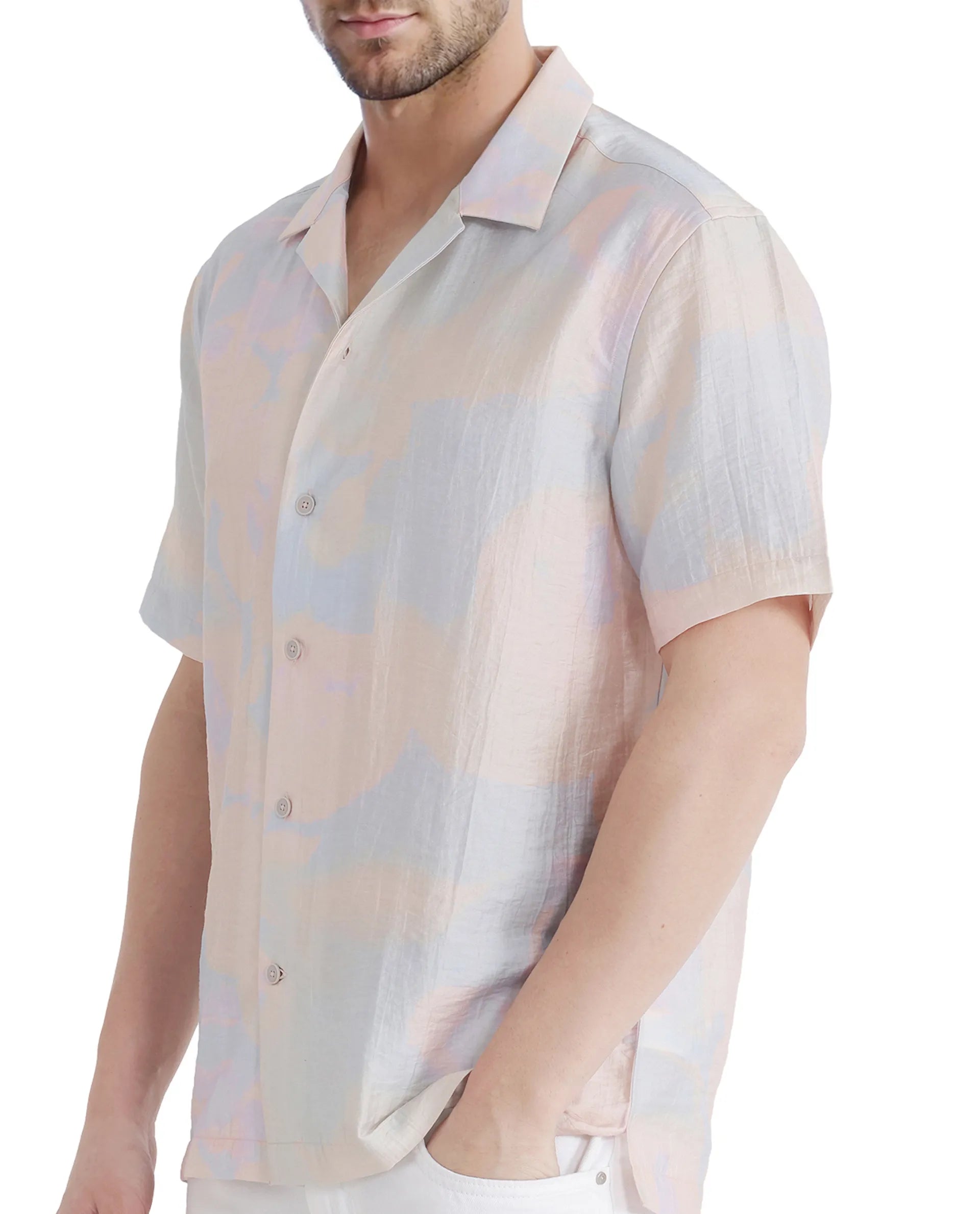 Rare Rabbit Men Tugi Blue Nylon Tencel Fabric Short Sleeve Cuban Collared Boxy Fit Digital Print Shirt