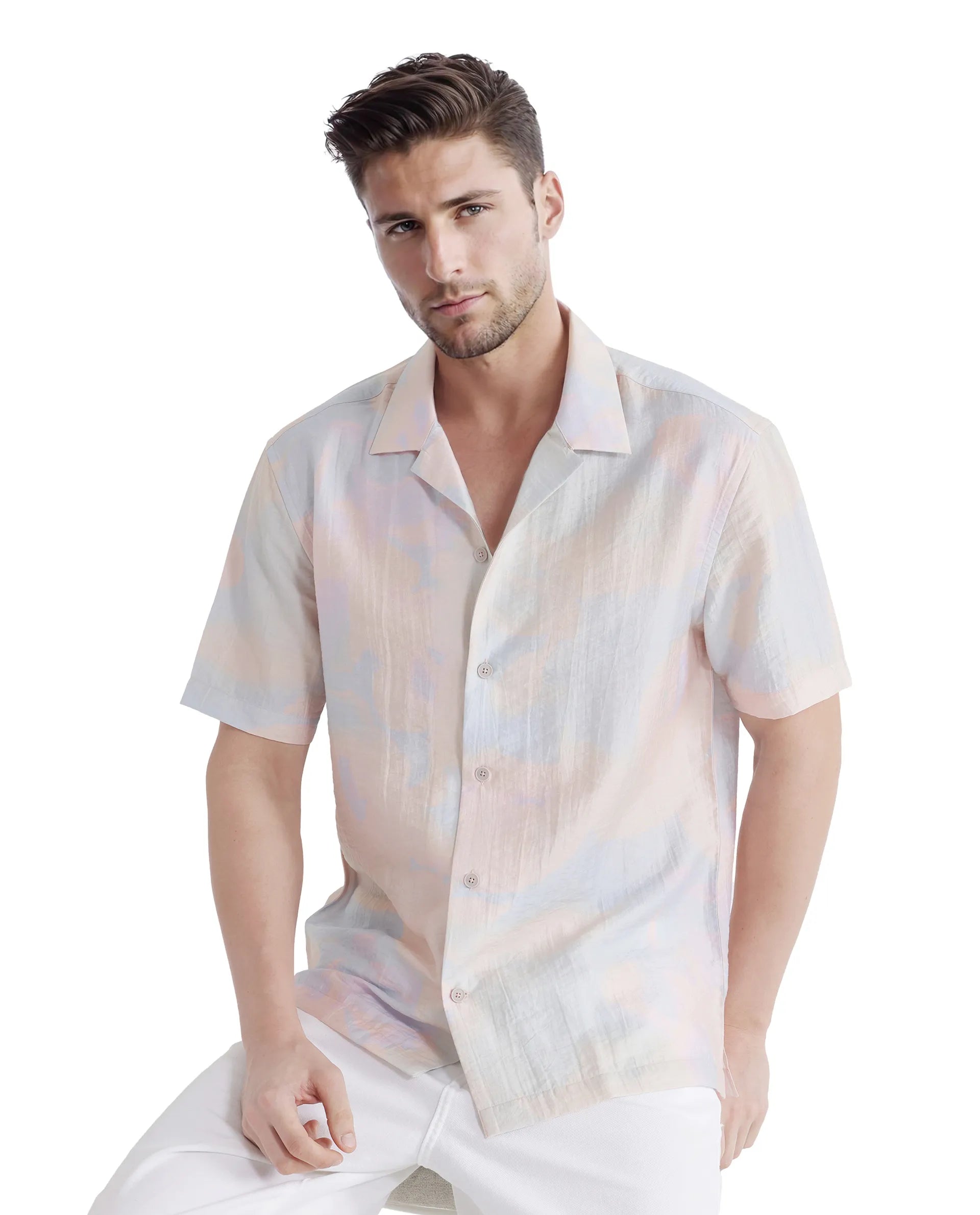 Rare Rabbit Men Tugi Blue Nylon Tencel Fabric Short Sleeve Cuban Collared Boxy Fit Digital Print Shirt