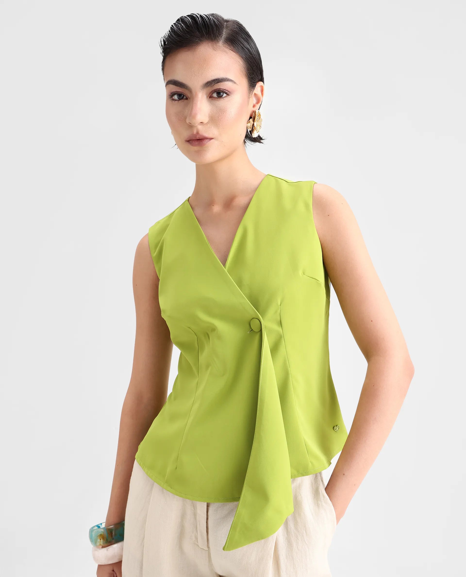 Rareism Women's Tuika Flouroscent Green Satin Overlap Neck Plain Sleeveless Regular Fit Top