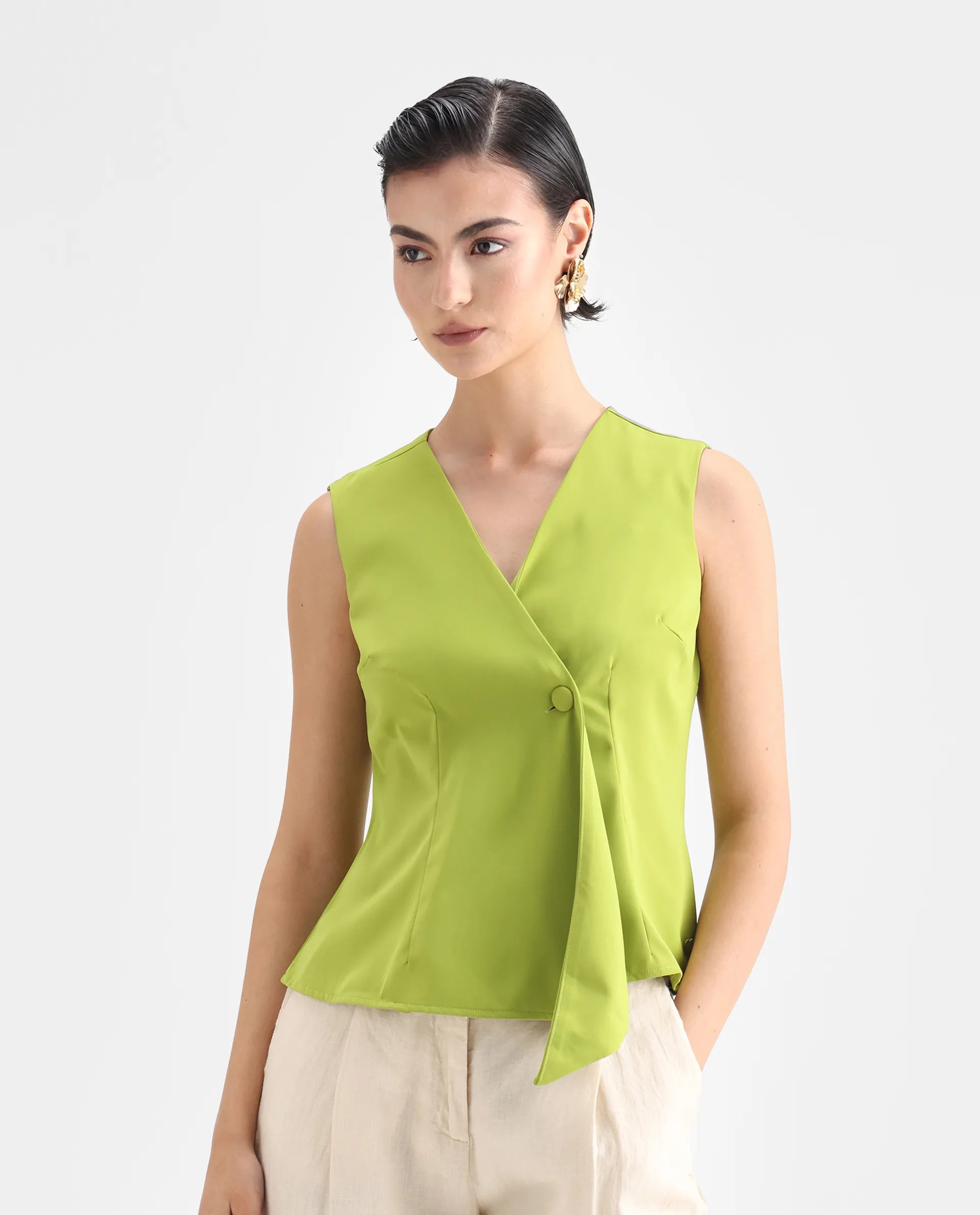 Rareism Women's Tuika Flouroscent Green Satin Overlap Neck Plain Sleeveless Regular Fit Top