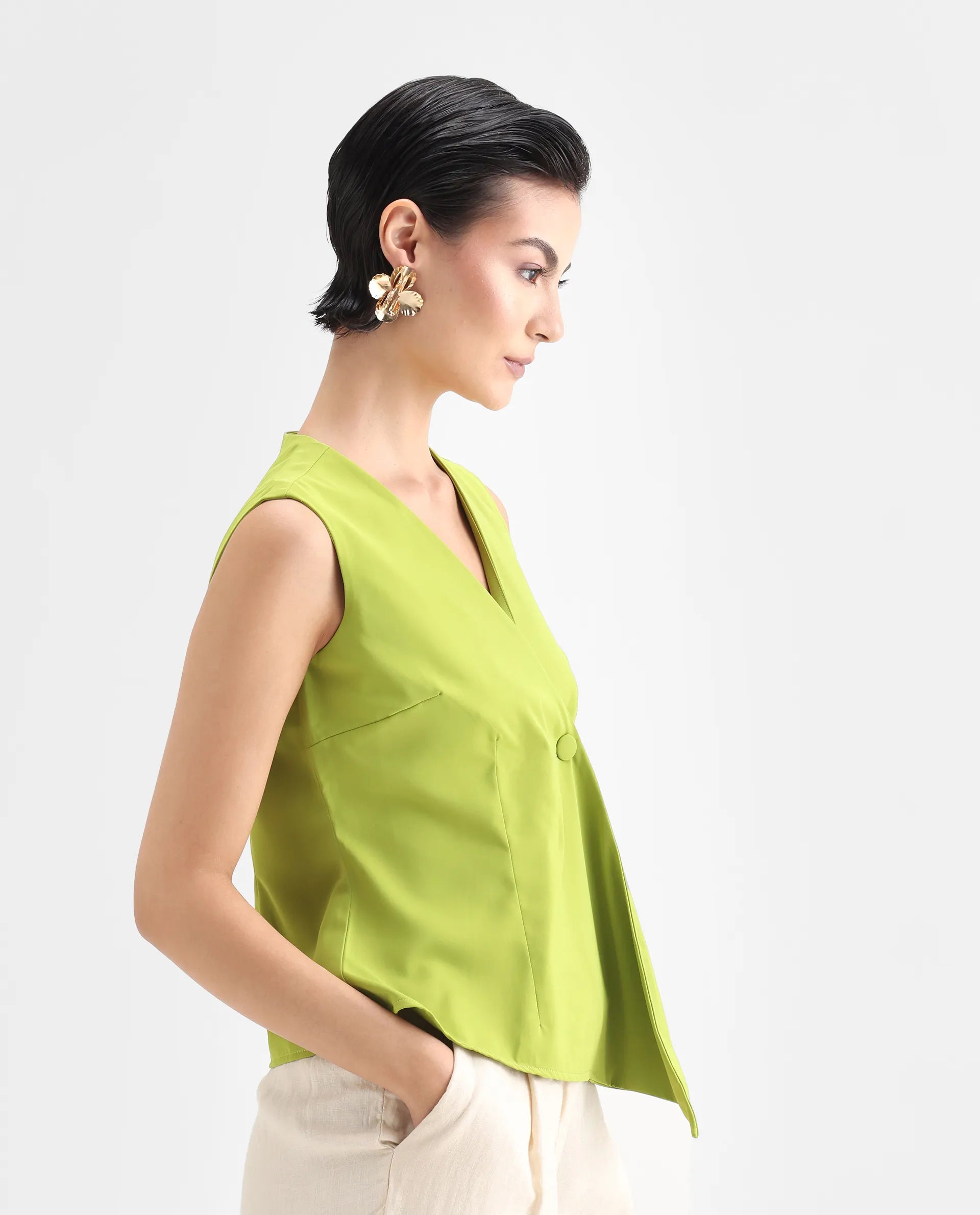 Rareism Women's Tuika Flouroscent Green Satin Overlap Neck Plain Sleeveless Regular Fit Top