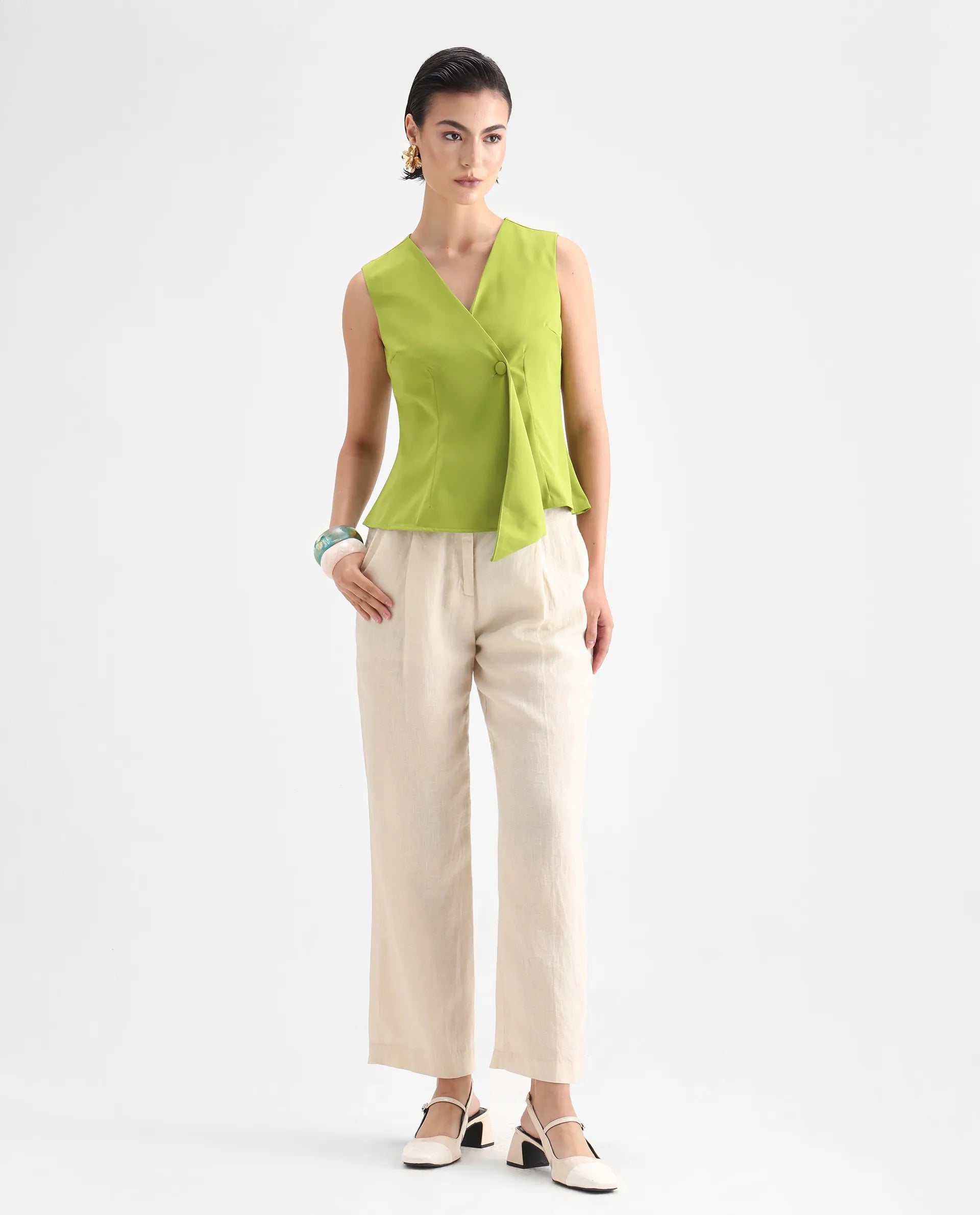 Rareism Women's Tuika Flouroscent Green Satin Overlap Neck Plain Sleeveless Regular Fit Top