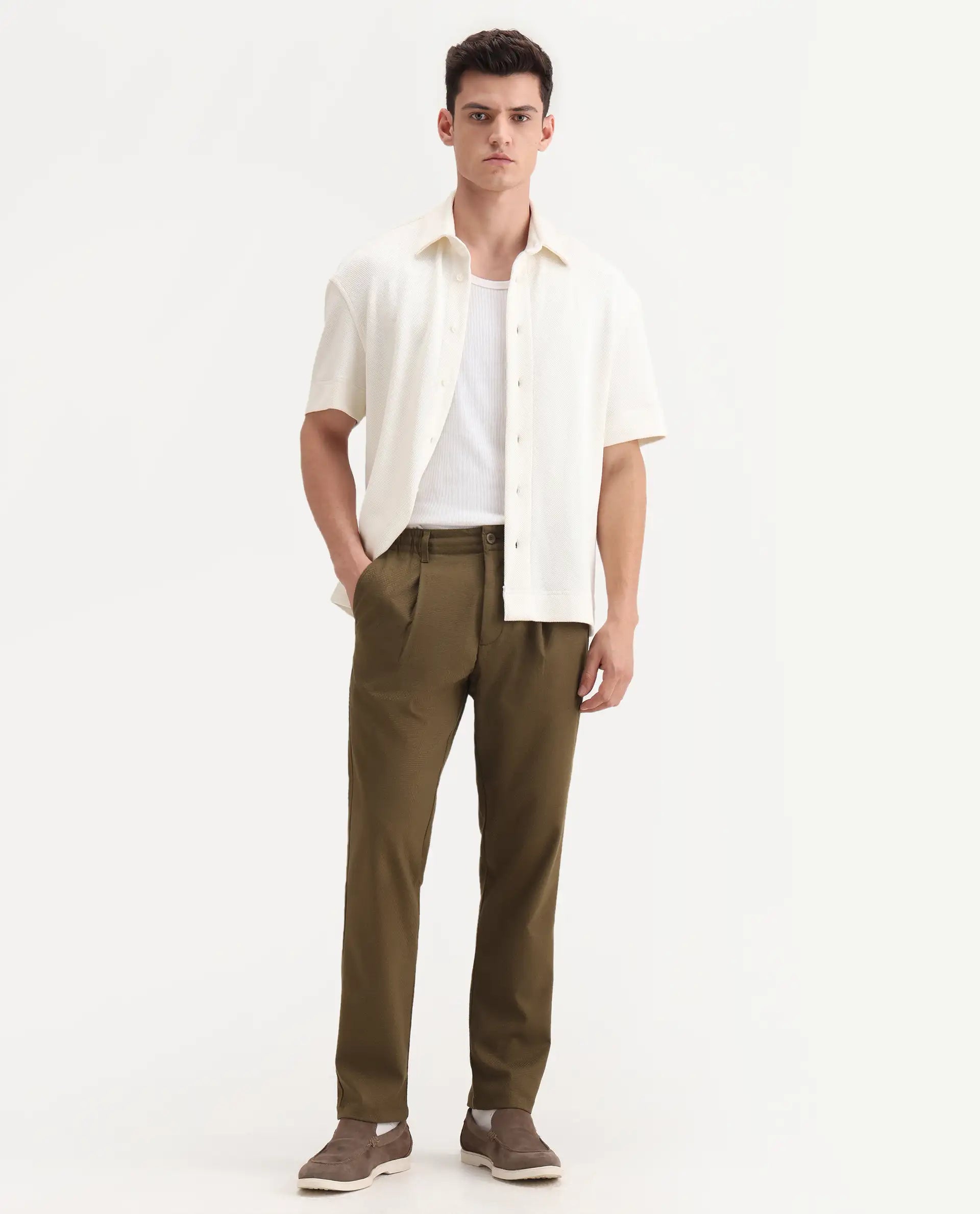 Rare Rabbit Men's Tula Light Olive Cotton Plain Relaxed Fit Trouser