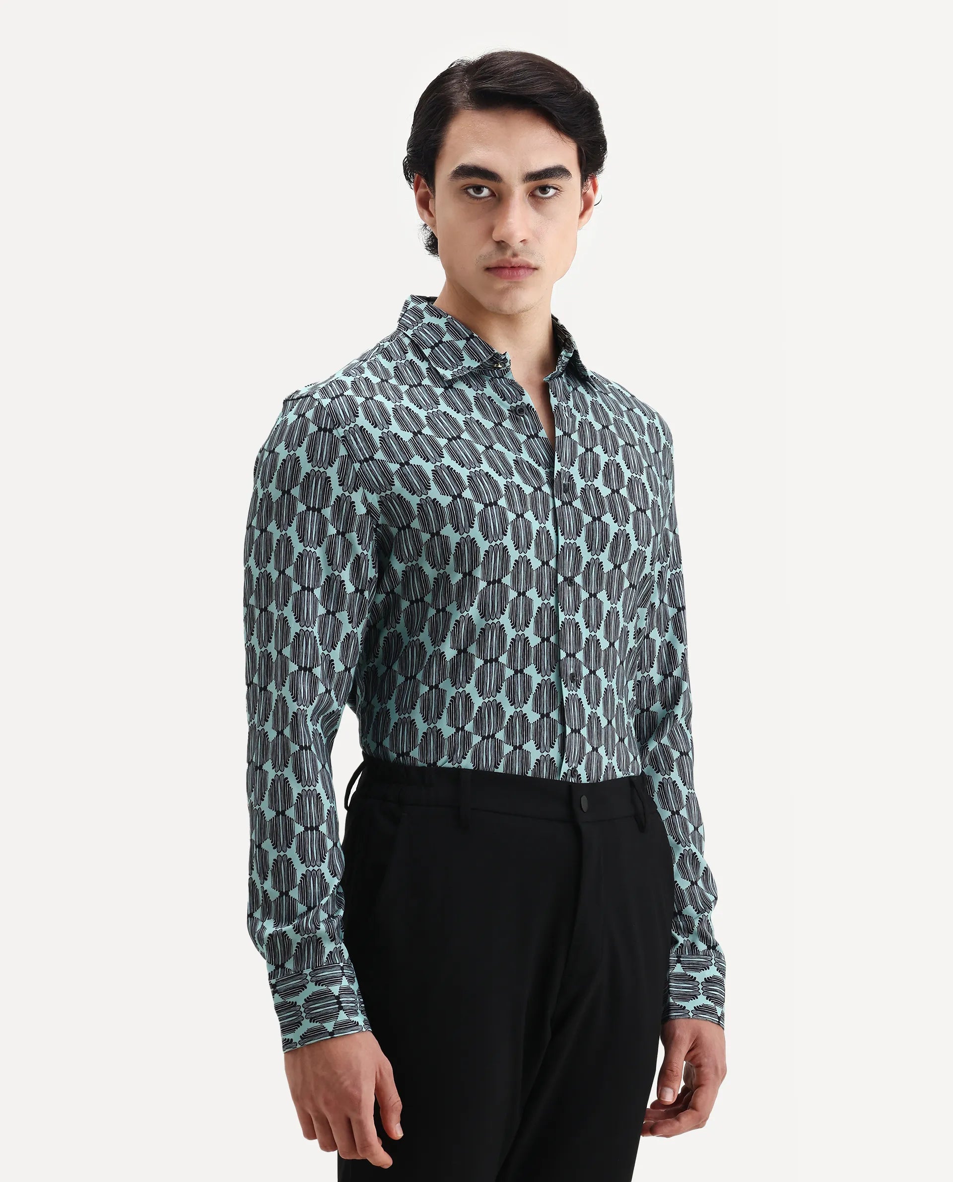 Rare Rabbit Men's Tulls Dusky Turq Viscose Abstract Print Regular Fit Full Sleeve Collared Shirt
