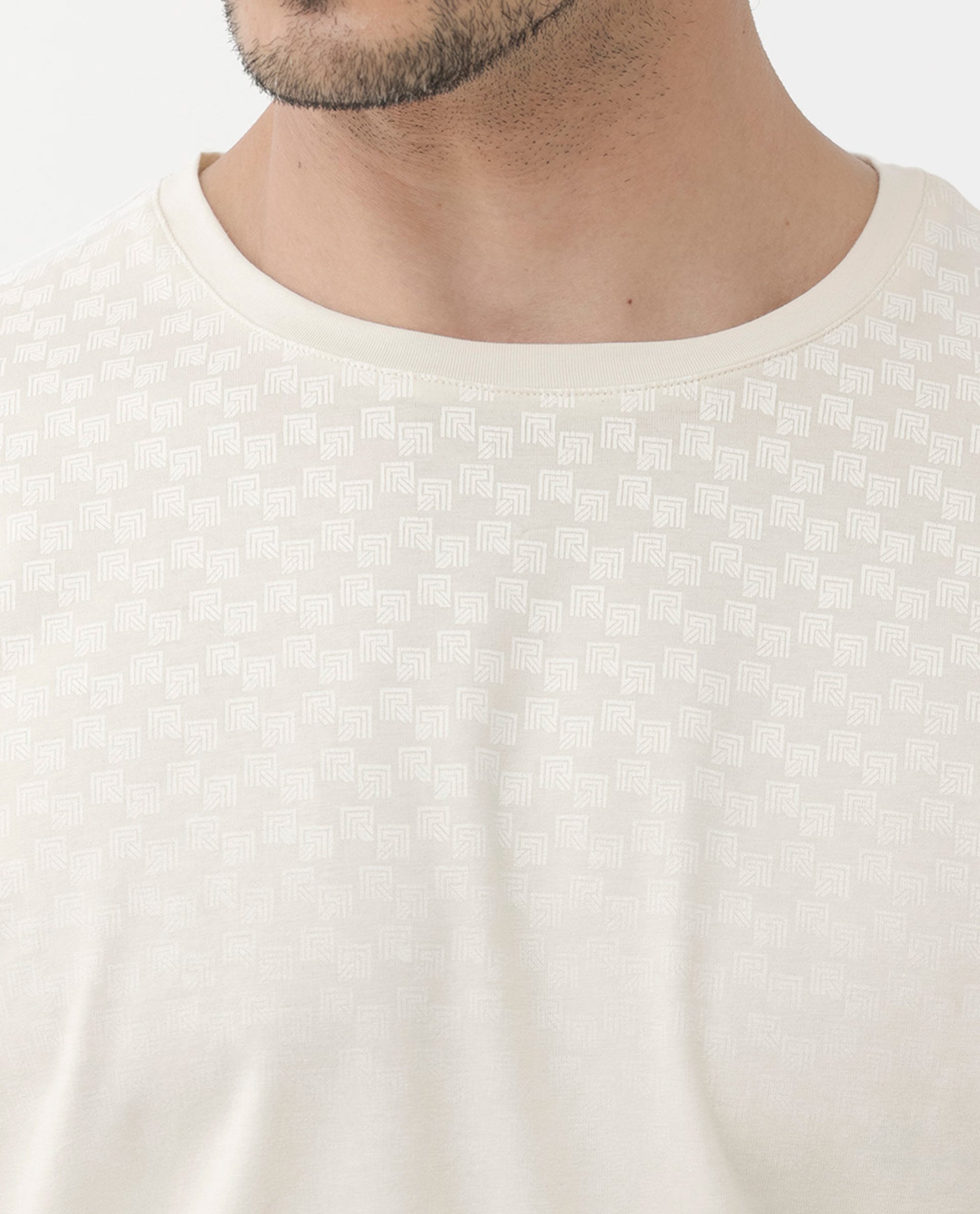 Rare Rabbit Articale Mens Tully Beige Cotton Polyester Fabric Short Sleeve Crew Neck Regular Fit Monogram Printed T-Shirt