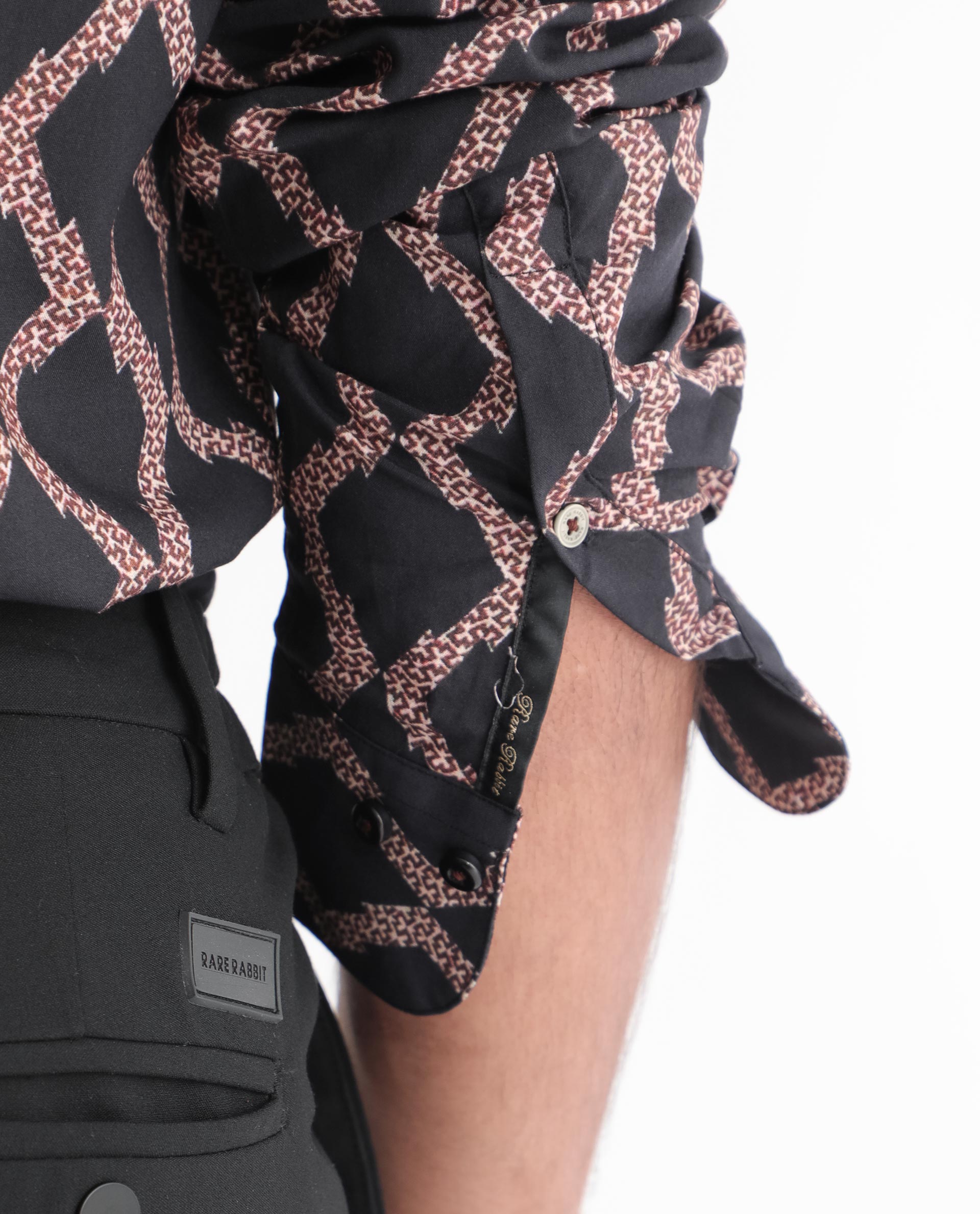Rare Rabbit Men's Tulsa Black Viscose Fabric Geometric Print Full Sleeves Shirt