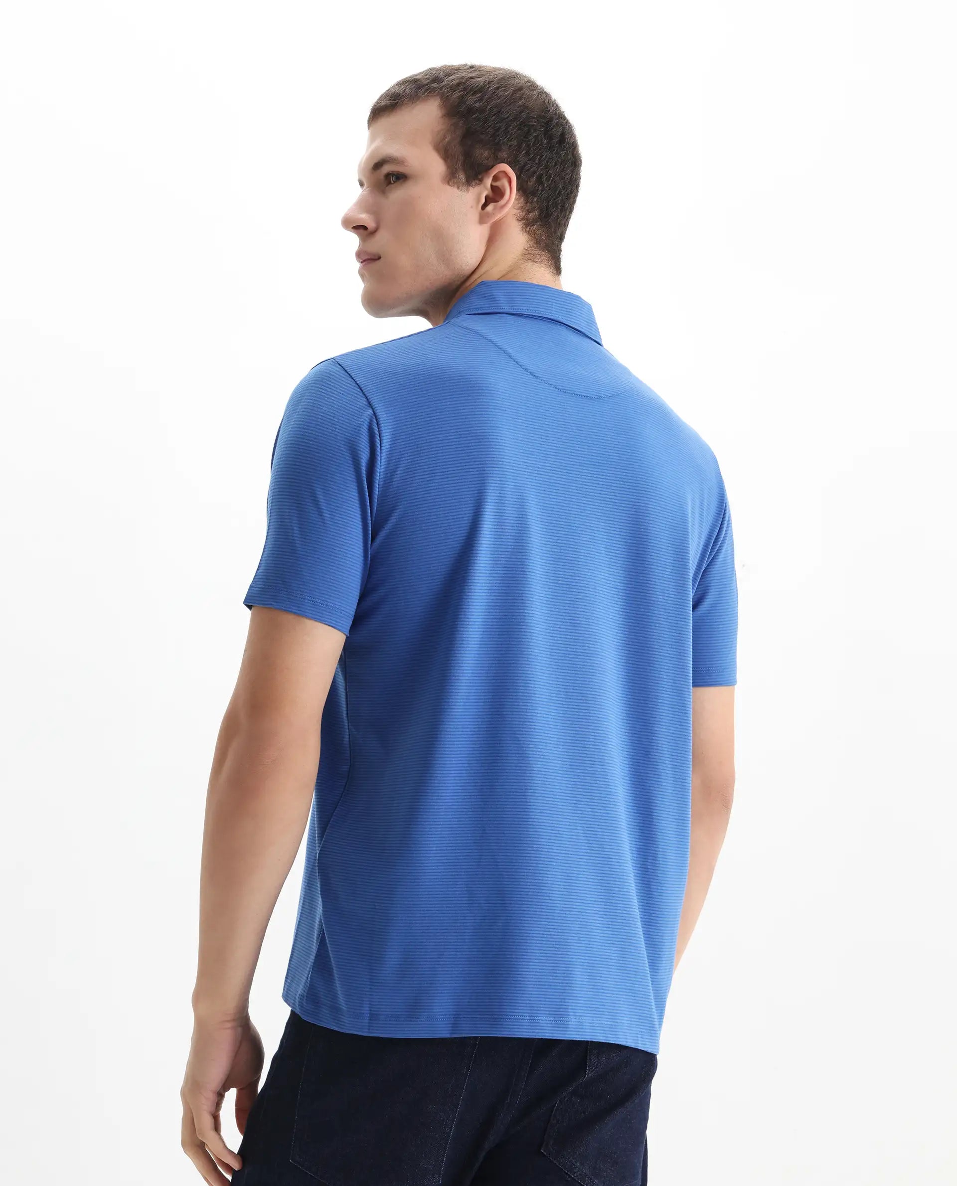 Rare Rabbit Men's Tunas Blue Cotton Striped Print Regular Fit Half Sleeve Polo