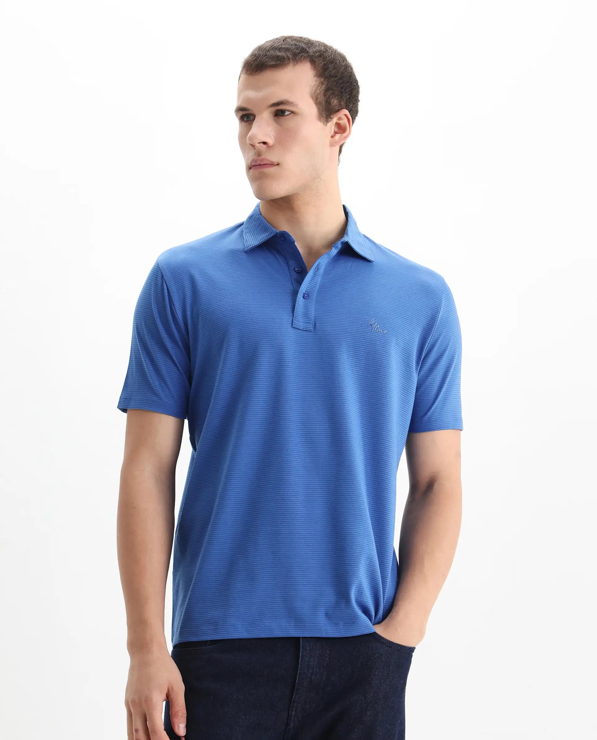 Rare Rabbit Men's Tunas Blue Cotton Striped Print Regular Fit Half Sleeve Polo