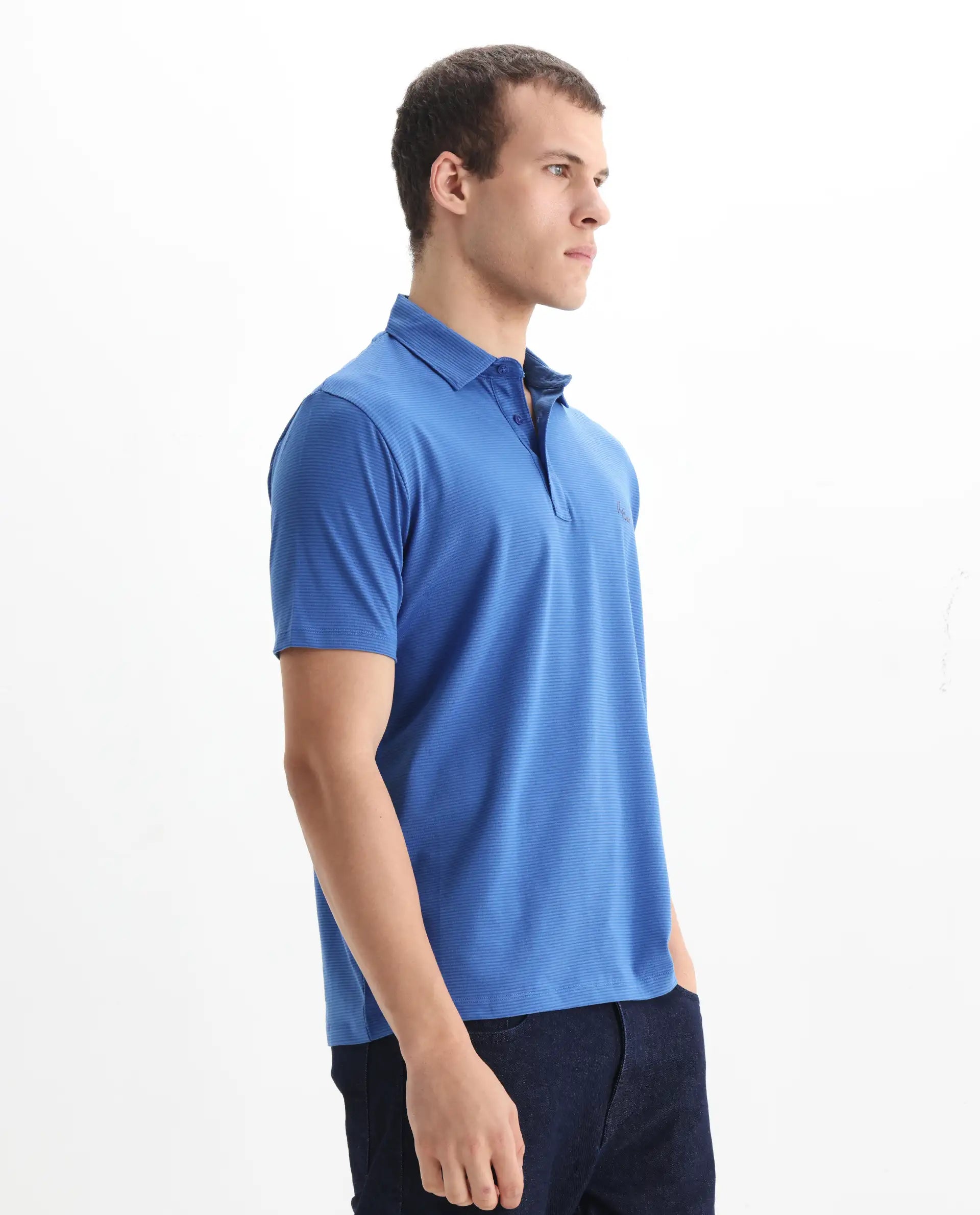 Rare Rabbit Men's Tunas Blue Cotton Striped Print Regular Fit Half Sleeve Polo