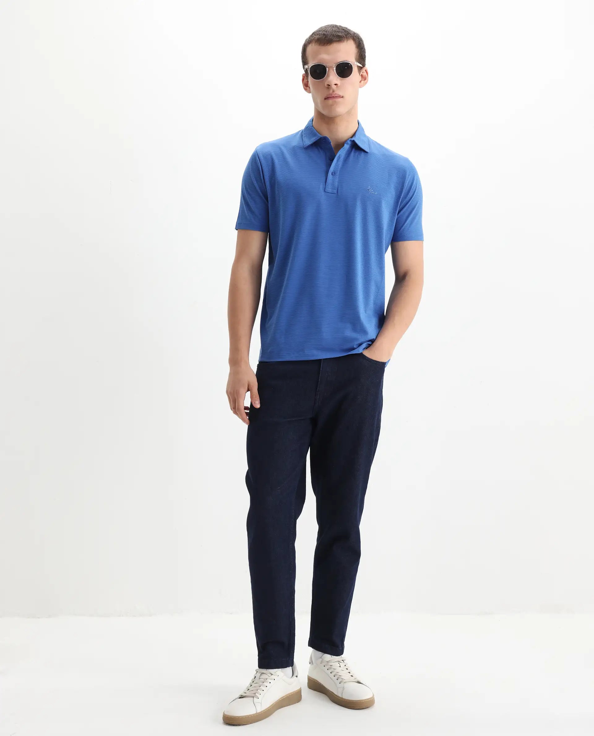 Rare Rabbit Men's Tunas Blue Cotton Striped Print Regular Fit Half Sleeve Polo