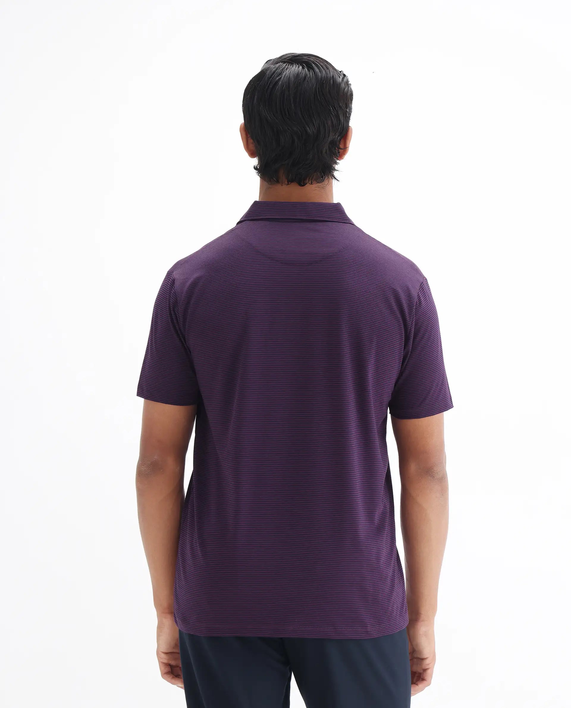 Rare Rabbit Men's Tunas Dark Purple Cotton Striped Print Regular Fit Half Sleeve Polo