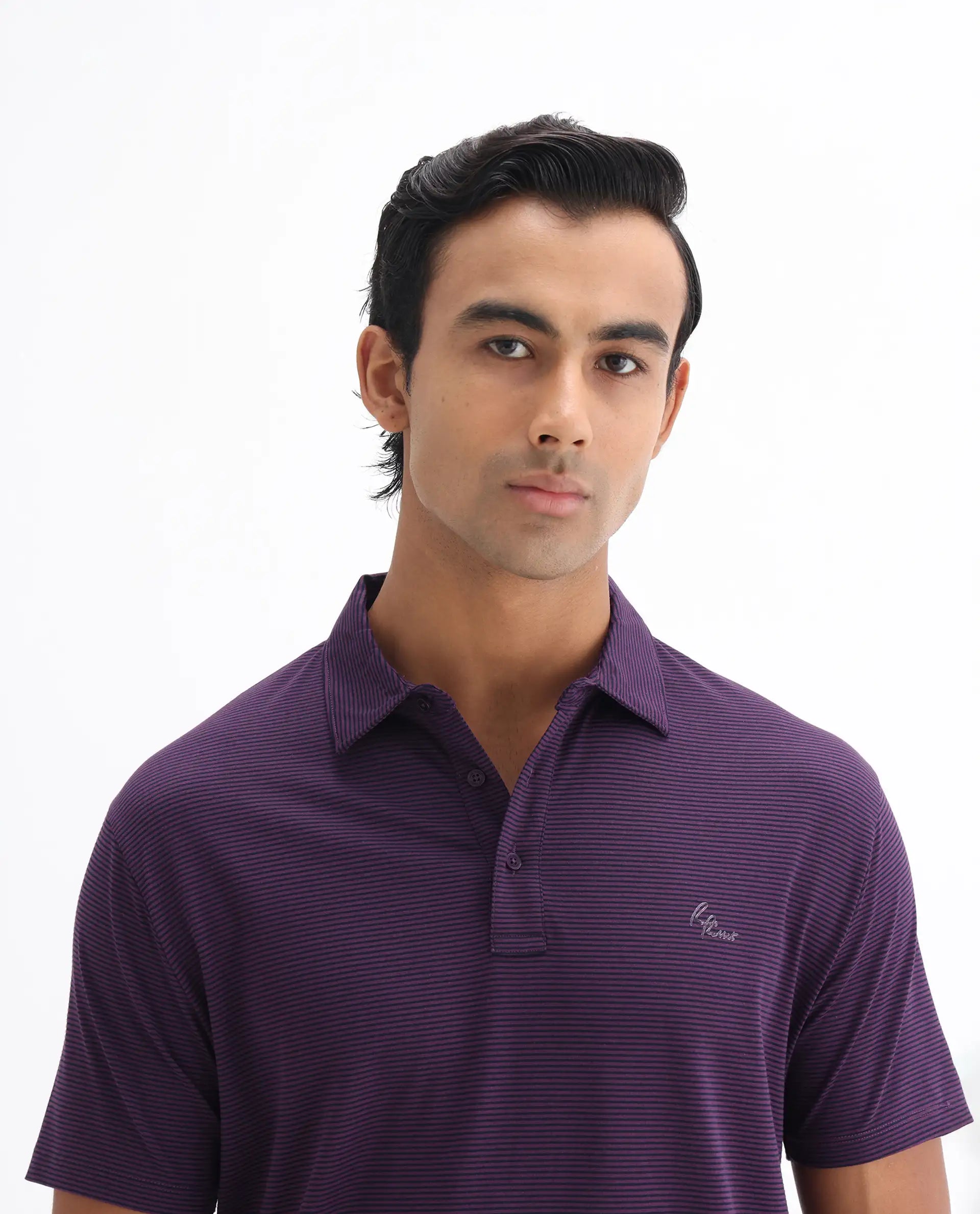 Rare Rabbit Men's Tunas Dark Purple Cotton Striped Print Regular Fit Half Sleeve Polo