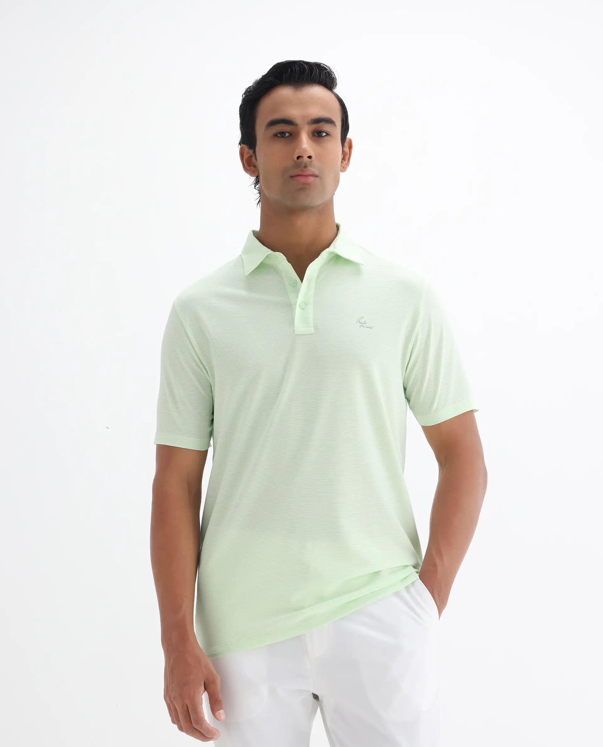 Rare Rabbit Men's Tunas Light Green Cotton Striped Print Regular Fit Half Sleeve Polo