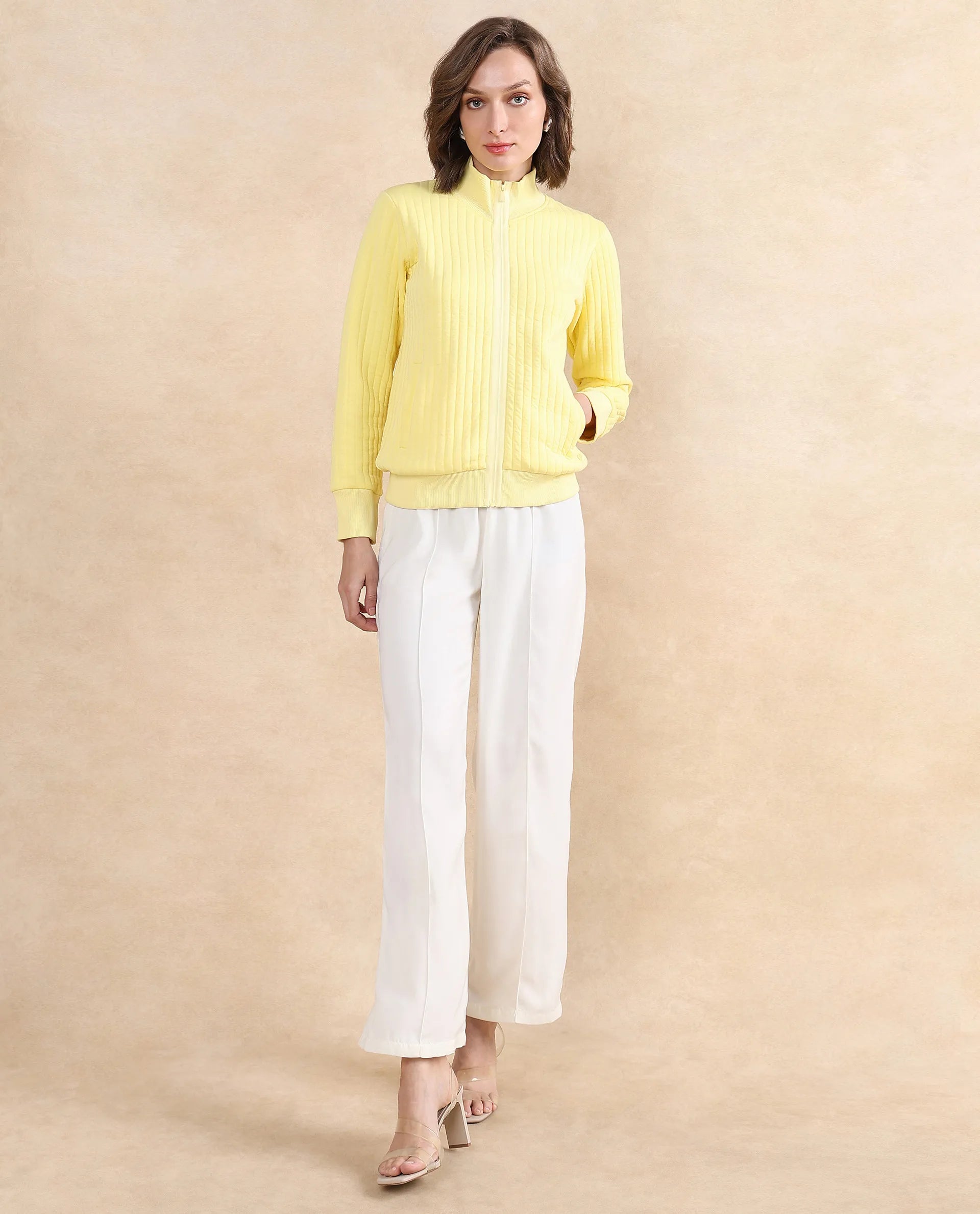 Rareism Women Tunceli Light Yellow Full Sleeve Band Collar Zipper Closure Plain Jacket